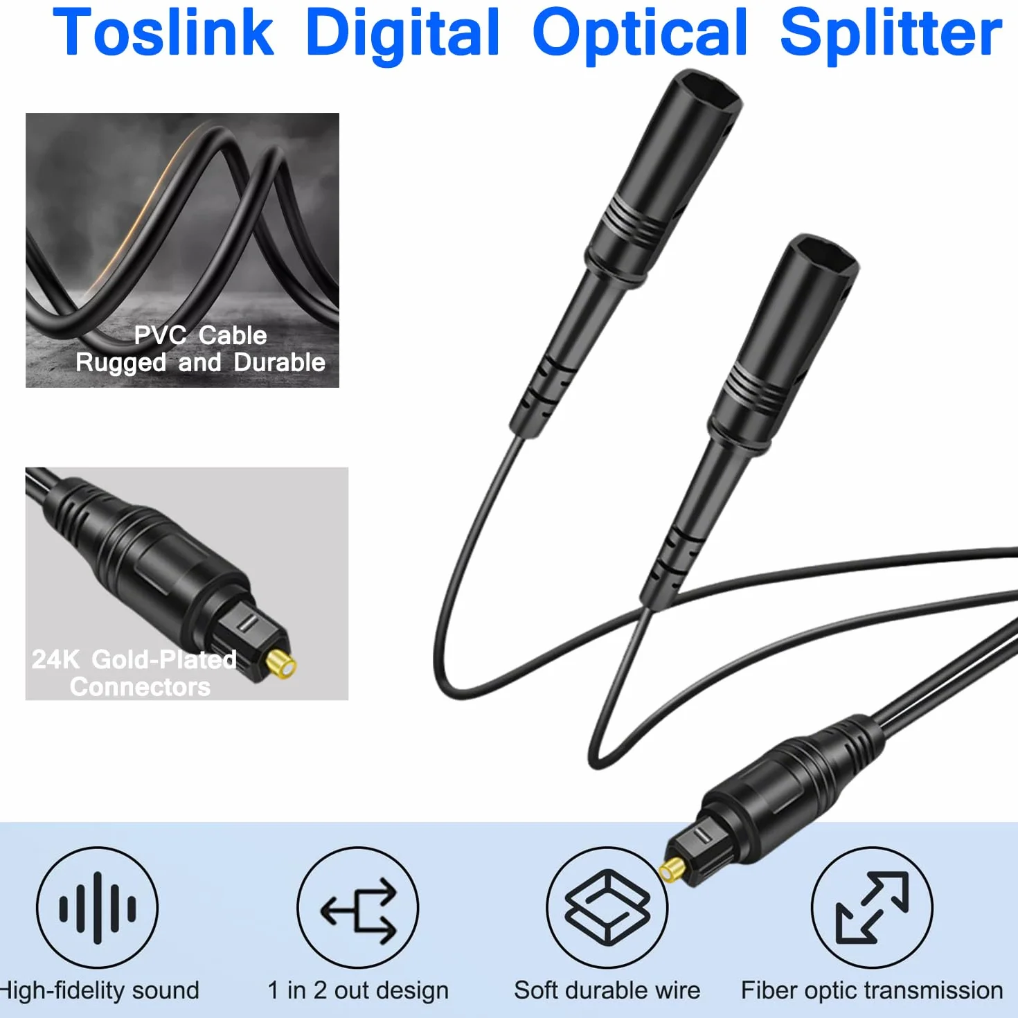 Toslink Digital Optical Splitter 1 in 2 Out Optyczny rozdzielacz audio kabel adaptera, 1 wtyczka wejście 2 gniazda wyjścia, 24K pozłacana wtyczka, do TV, DVD, wzmacniacza, soundbar (0,3 m)