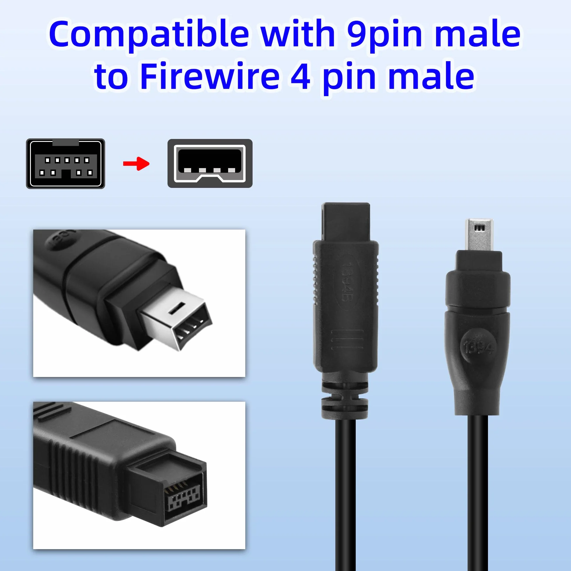1,8 m IEEE 1394 Firewire wtyczka 4-pinowa na 9-pinowa, kabel iLink adapter konwerter do aparatu cyfrowego, kamkordera, laptopa, DV, czarny (4 na 9)
