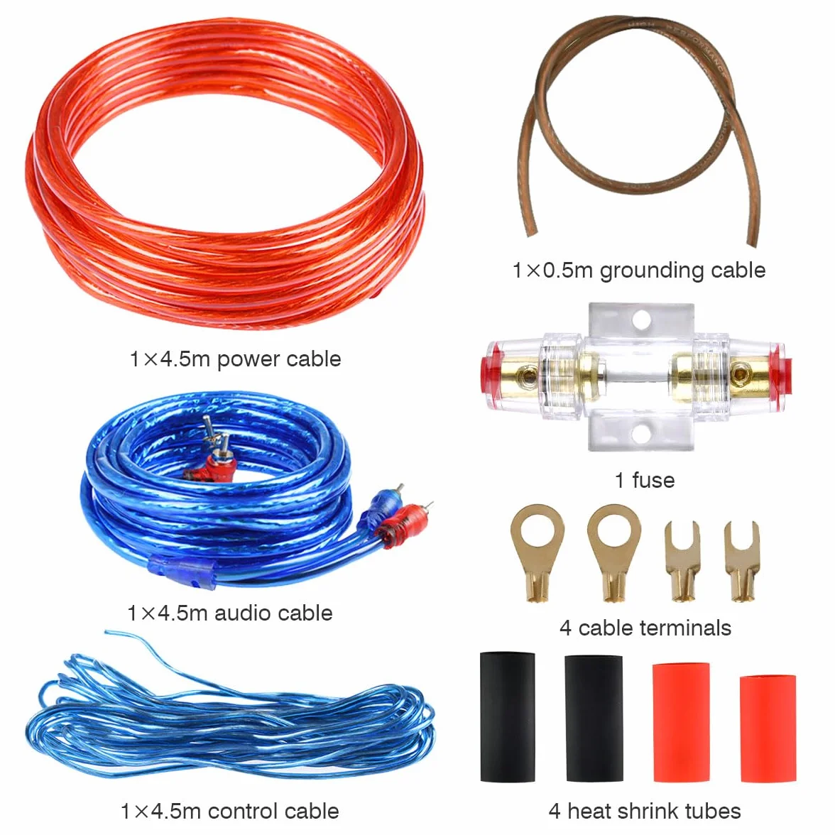 OTYMIOW Zestaw Kabli Wzmacniacza Samochodowego, Kabel Zasilający 10 GA, Kabel Subwoofera, Kabel RCA, 1500 W, 4,5 m