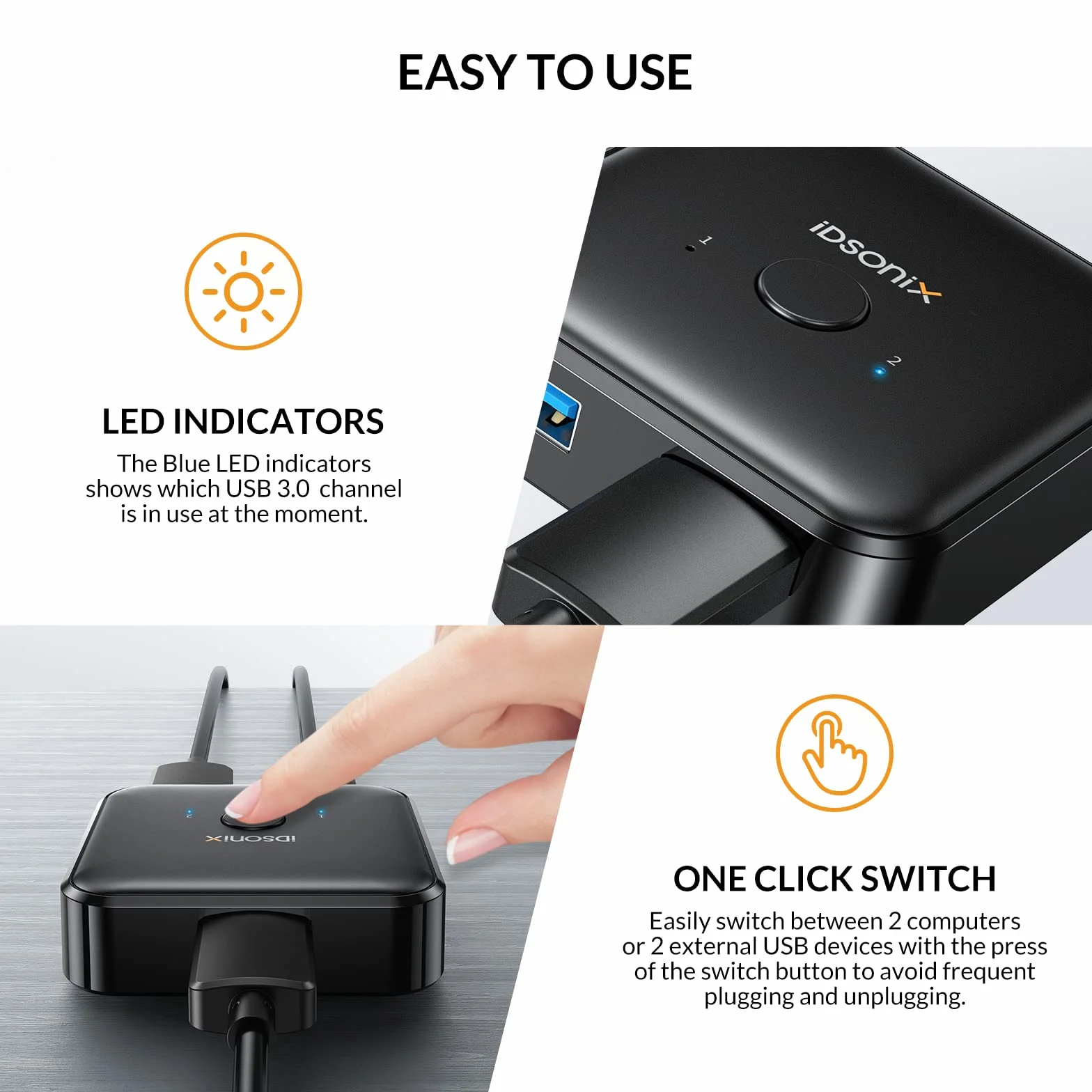 iDsonix USB 3.0 przełącznik przełącznika, wyjście USB 2 w 1 (1 w 2 Wyjście) dwukierunkowy 2 Przełącznik USB do PC, drukarki, skanera, klawiatury