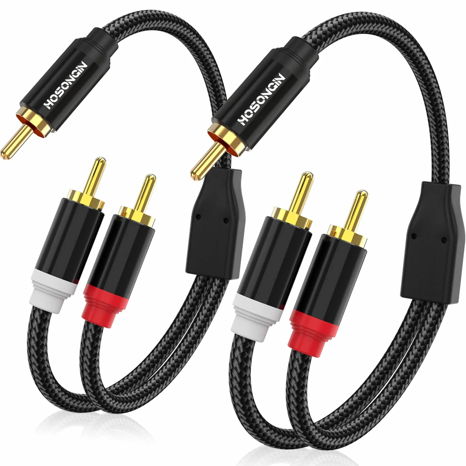 HOSONGIN Kabel rozdzielający RCA Y, 1 męski na 2 męskie kable audio (2 sztuki), 30 cm, pozłacany 24-karatowym złotem, pleciony bawełniany, ekranowany kabel subwoofera do wzmacniaczy, telewizora, kina