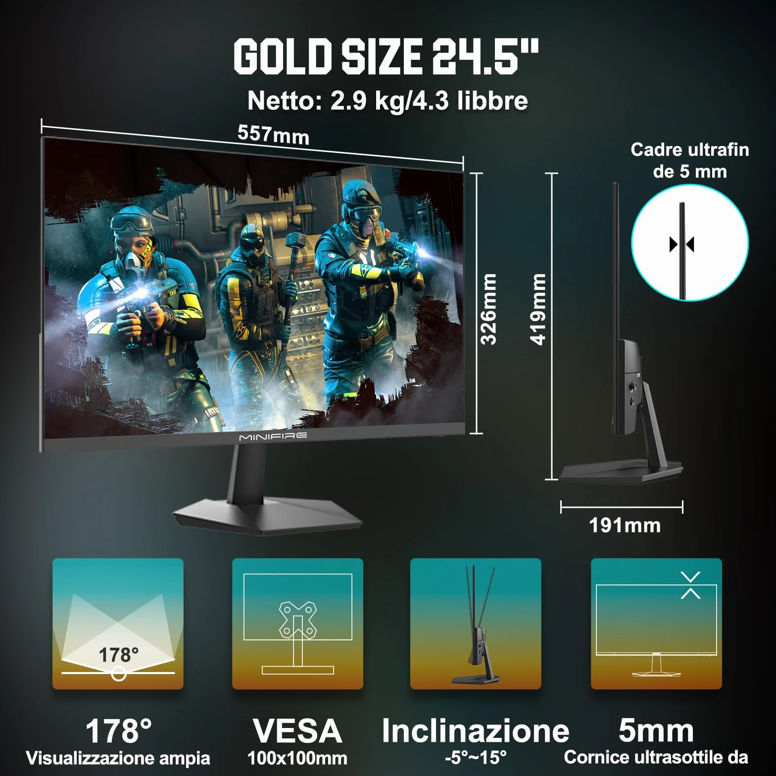 Minifire Monitor gamingowy 24,5", 300 Hz, 1Ms, FHD 1080P, bezramkowy ekran, FreeSync, panel IPS, HDR Ready, sRGB 120%, Eye-Care, HDMI 2.1 i DisplayPort 1.4, VESA 75 x 75 -czarny