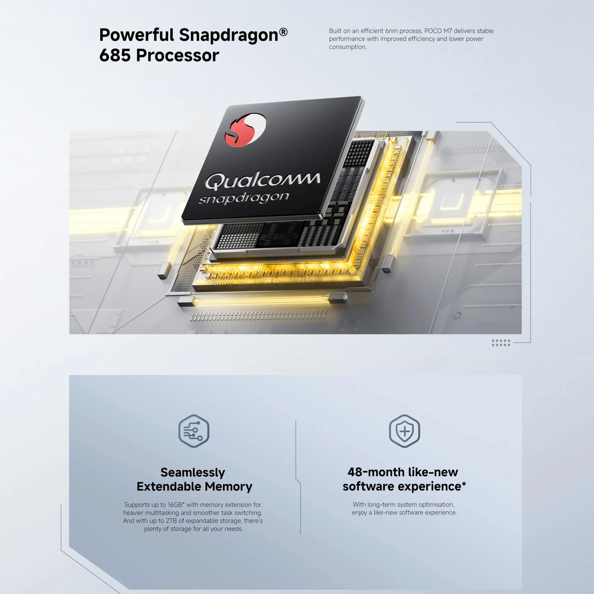 XIAOMI POCO M7 smartfon 6+128 GB, podwójny aparat 50 MP z AI, 16,9 cala FHD+, Snapdragon 685, szybkie ładowanie 33 W i odwracalne 18 W, ładowarka nie jest dołączona, srebrna (Wersja ES)