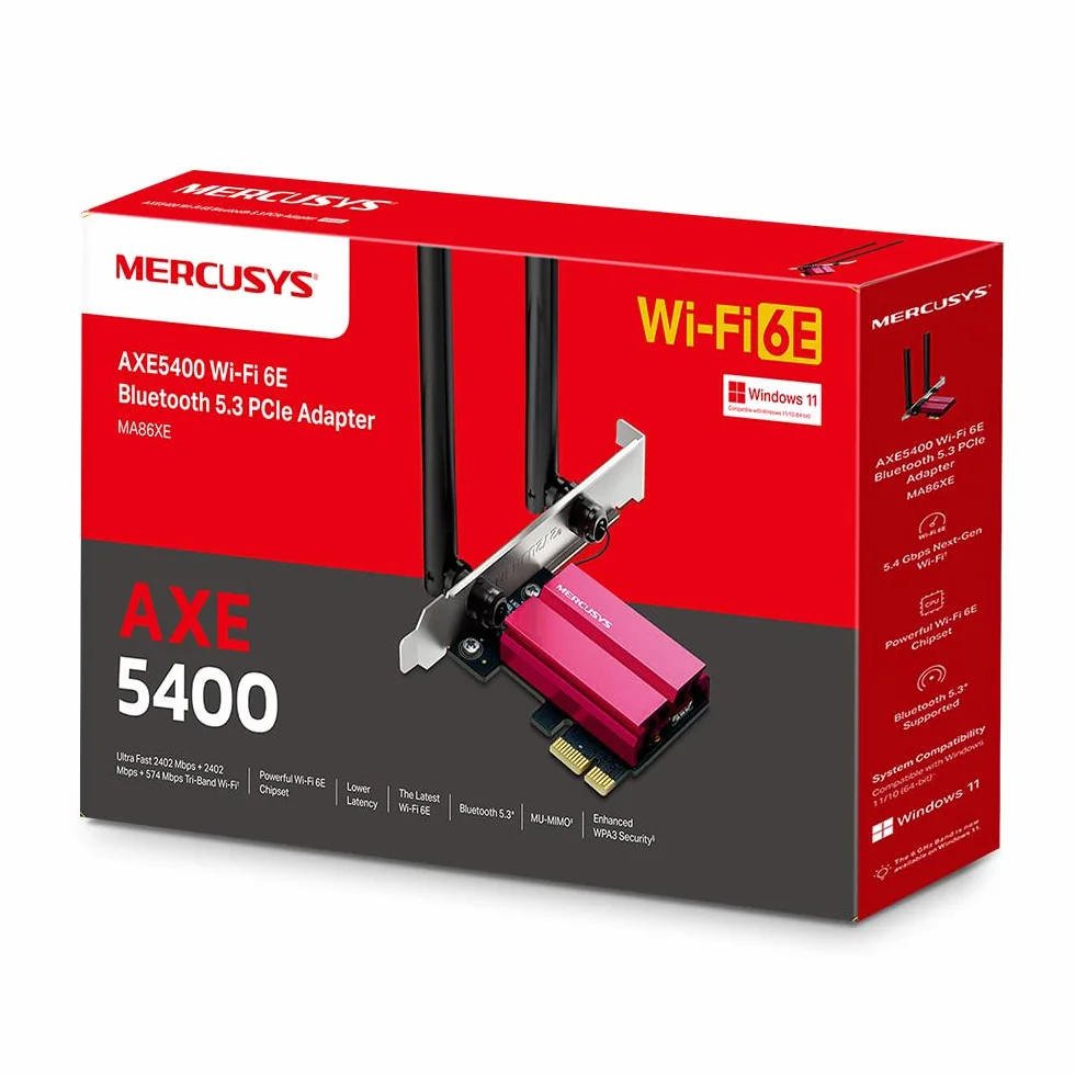 [Nowość] Karta sieciowa MERCUSYS MA86XE AXE5400, Wi-Fi 6E z Bluetooth 5.2, potrójne pasmo, 6 GHz/5 GHz/2,4 GHz, kompatybilna z Windows 11 i 10, MU-MIMO, OFDMA, standard szyfrowania WPA3