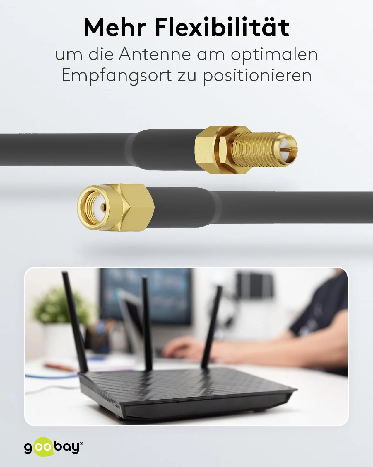 goobay 51676 kabel przedłużający do anteny Wi-Fi, wtyczka RP-SMA na gniazdo, 50 omów, kabel koncentryczny do 2,4 i 5 GHz, do optymalizacji zasięgu routerów i anten WLAN