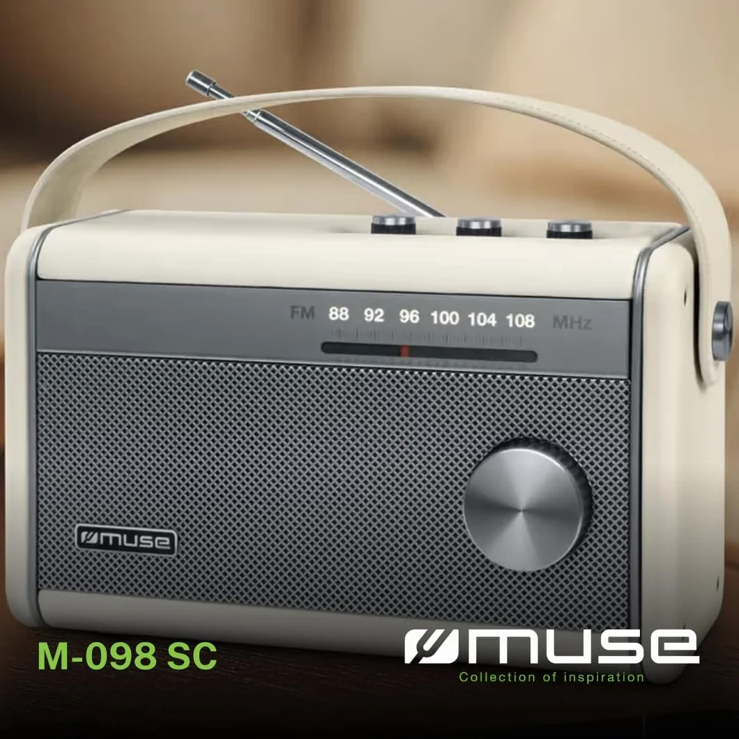Muse M-098 SC przenośne radio Bluetooth, radio FM moc wyjściowa 10 W, antena teleskopowa FM, podświetlany wskaźnik częstotliwości, USB-C, gniazdo słuchawkowe, radio akumulatorowe, zasilacz w zestawie
