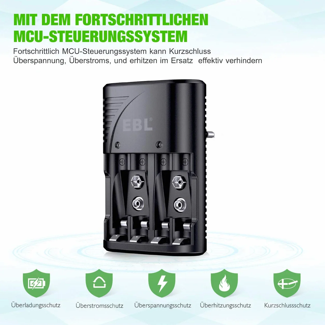 EBL Ładowarka do akumulatorów AA AAA 9 V NIMH, 4 gniazda ładowania Smart Plug, wielofunkcyjna ochrona, wyświetlacz LED, szybka ładowarka do AA AAA 9 V