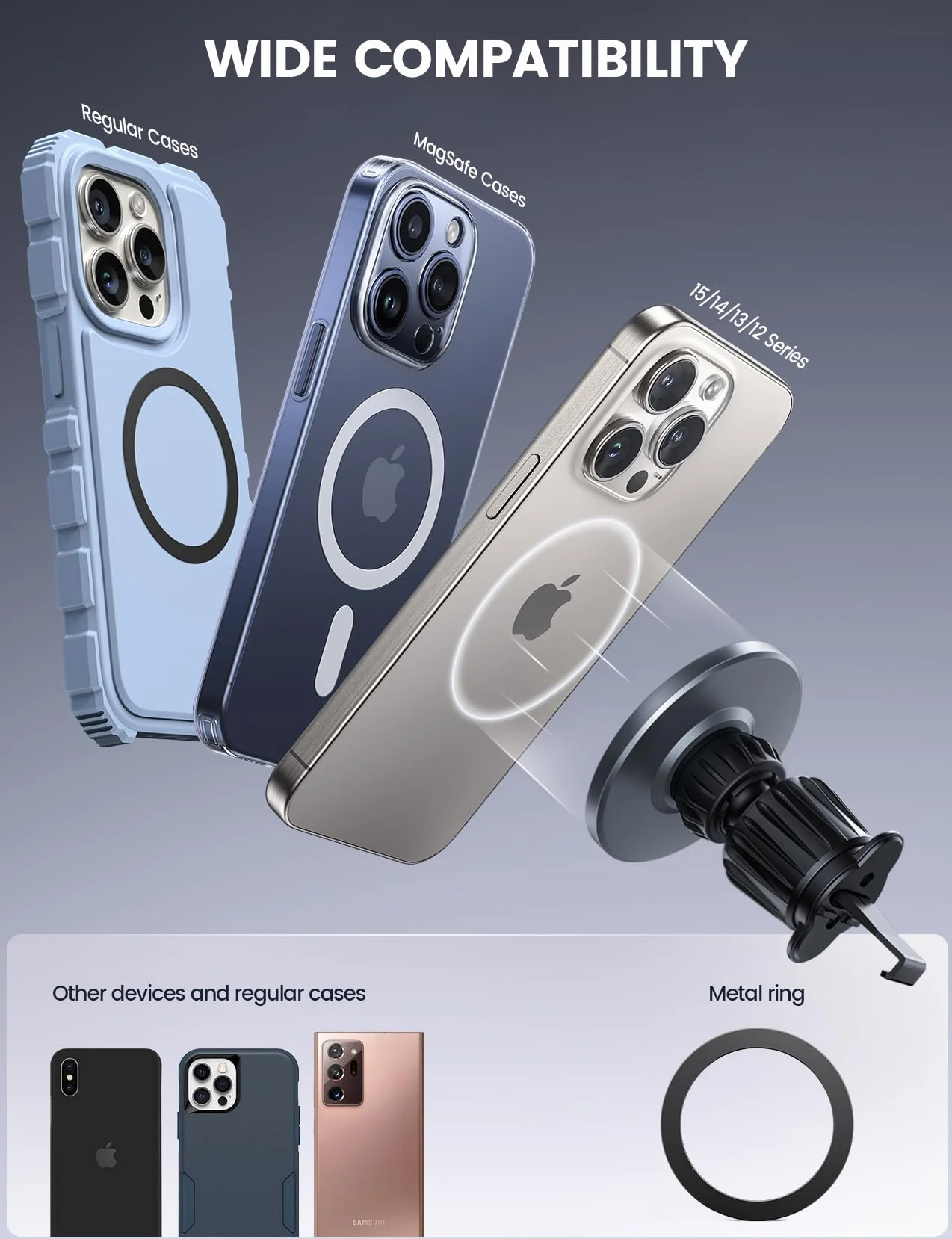 Lamicall samochodowy uchwyt na telefon do MagSafe, [2024 powierzchnia szkła HD] Super magnetyzm, metalowy haczyk, kompaktowy uchwyt na telefon z kratką wentylacyjną dla iPhone 15 14 13, Huawei,