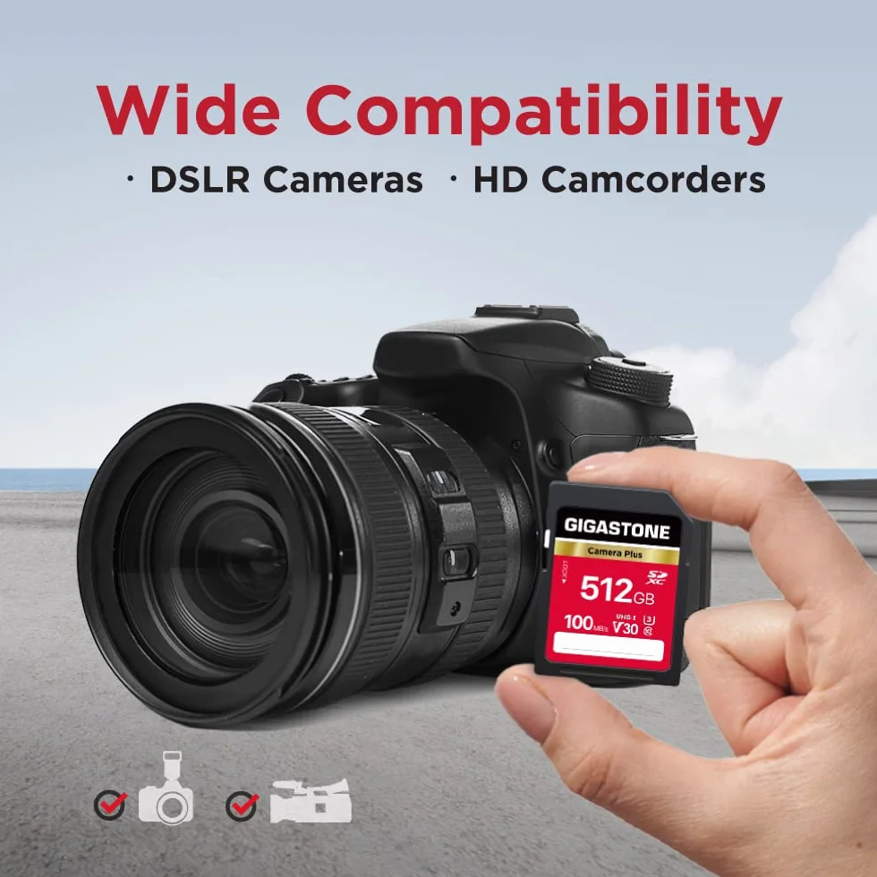 Gigastone Karta SD 512 GB, Camera Plus, V30 SDXC karta pamięci High Speed UHD Video kompatybilna z aparatem cyfrowym Canon Nikon Sony Pentax Kodak Olympus Panasonic, z 1 mini etui