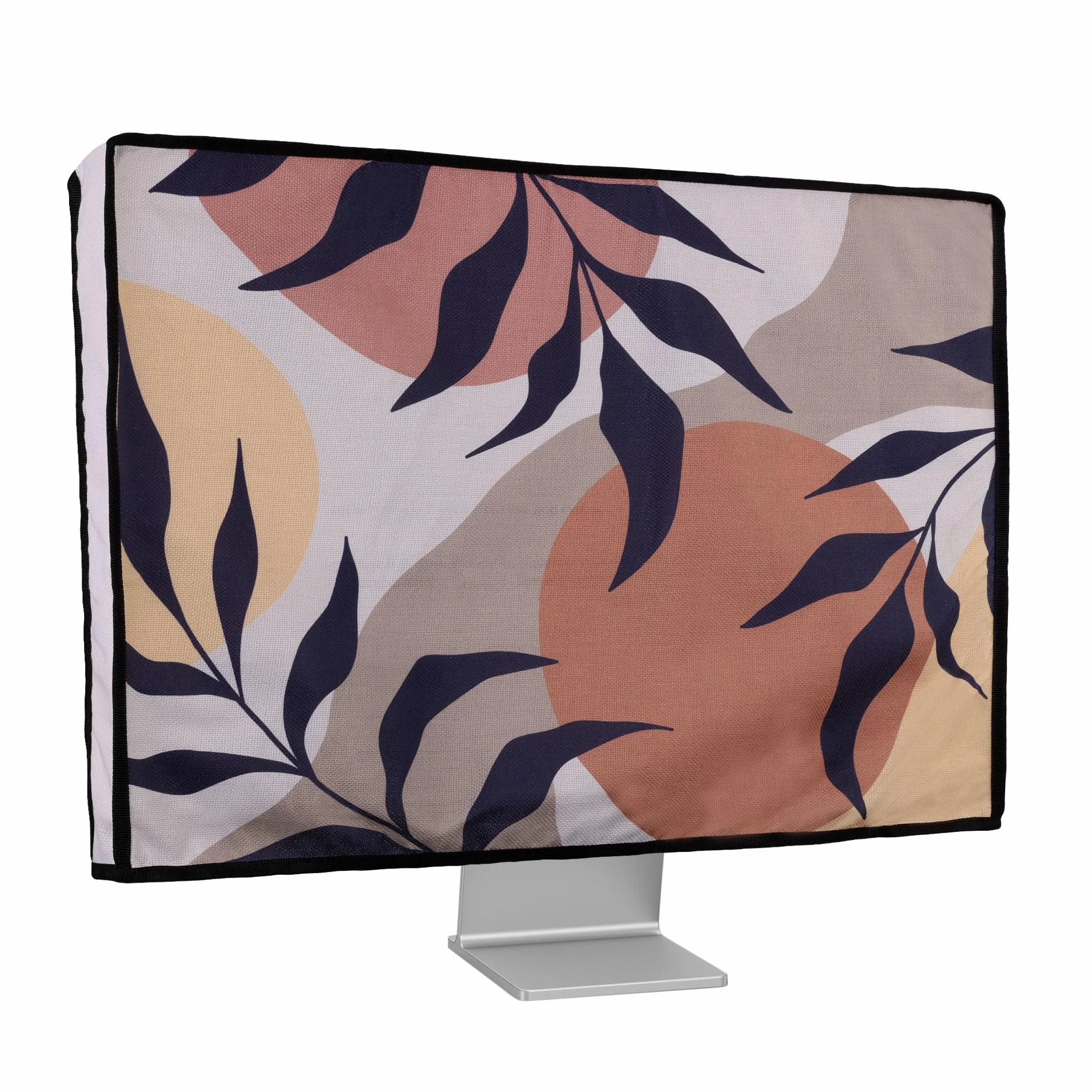 kwmobile Osłona przeciwpyłowa do monitora 50.8-55.9 cm - lniana osłona monitora z wzorem - liście i wzór czarny/brązowy/biały