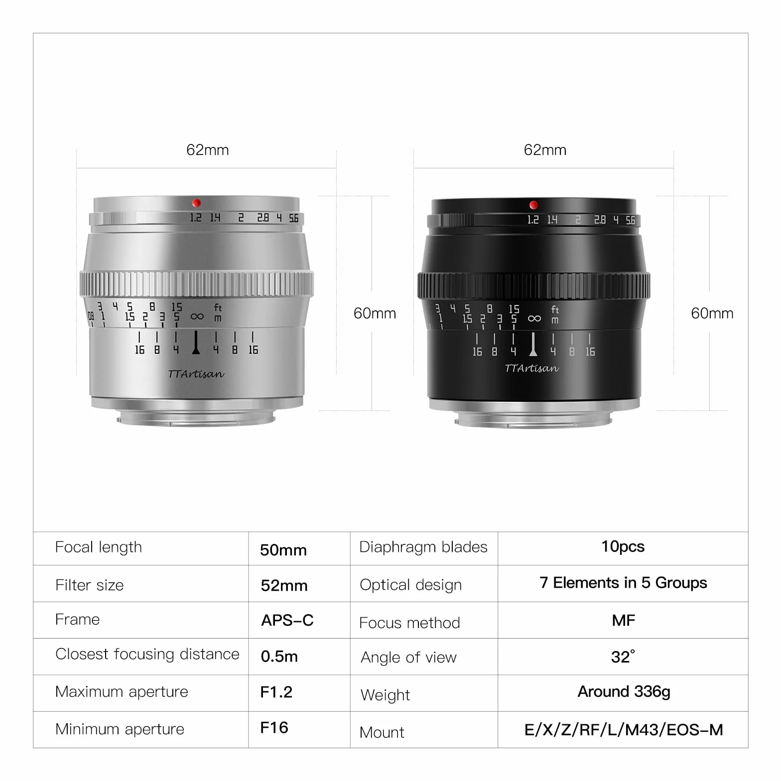 TTARTISAN 50 mm F1.2 APS-C ręczna regulacja ostrości, srebrny obiektyw do aparatu Fuji X Mount (X-Mount, srebrny)
