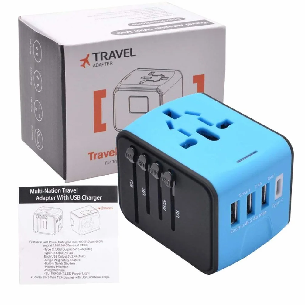 Przenośny Travel International Carging Conversion Soiceniversal Adapter podróży, Universal Plug Socket Power Converter (Color : C, Rozmiar : 4usb (5.5 * 6.5 * 5cm))