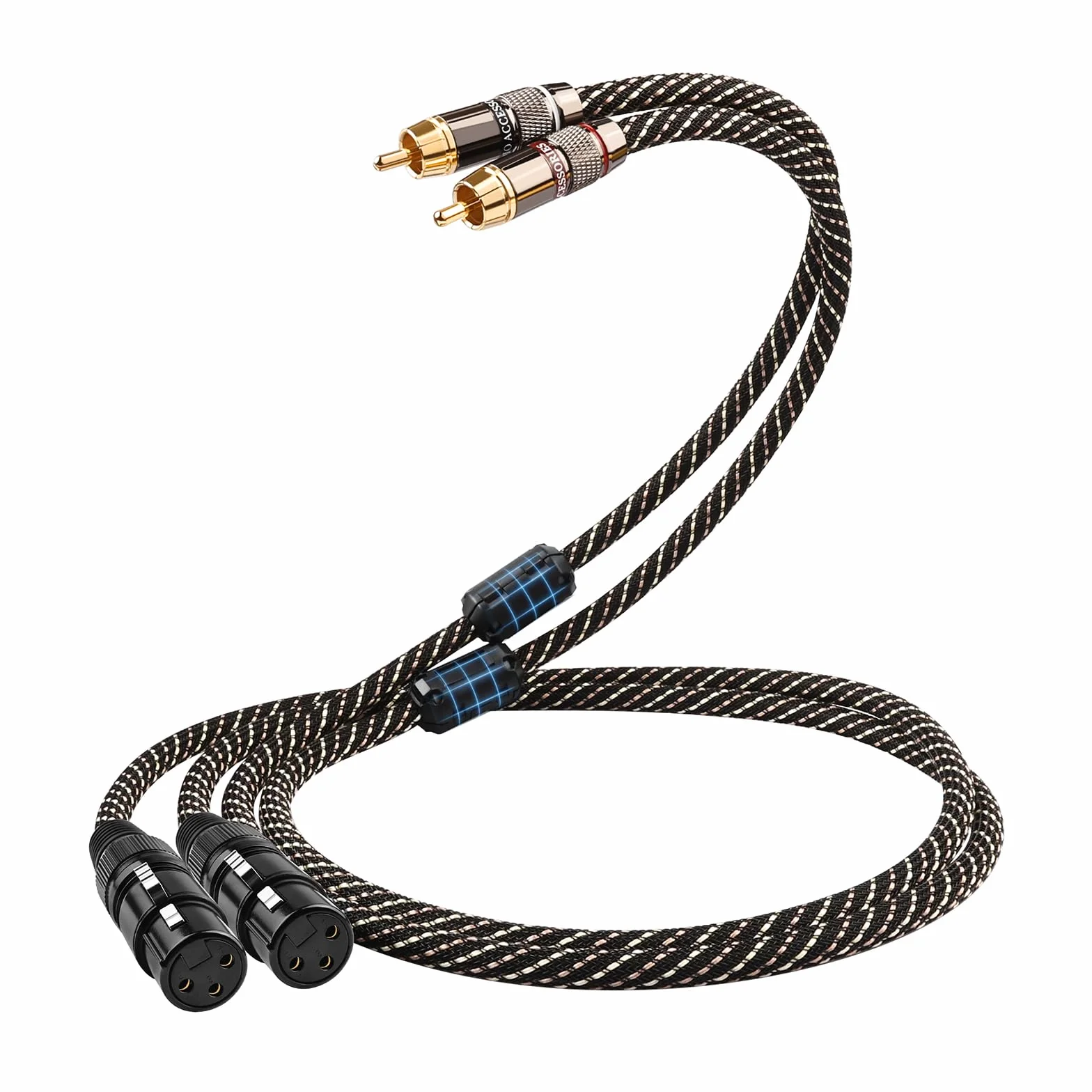 Audiophile 1,5 m podwójny RCA męski na podwójny XLR żeński - kabel audio HiFi, rdzeń 4N OFC, pozłacana wtyczka, nylonowy oplot, kabel subwoofera, kompatybilny ze wzmacniaczami, mikserami