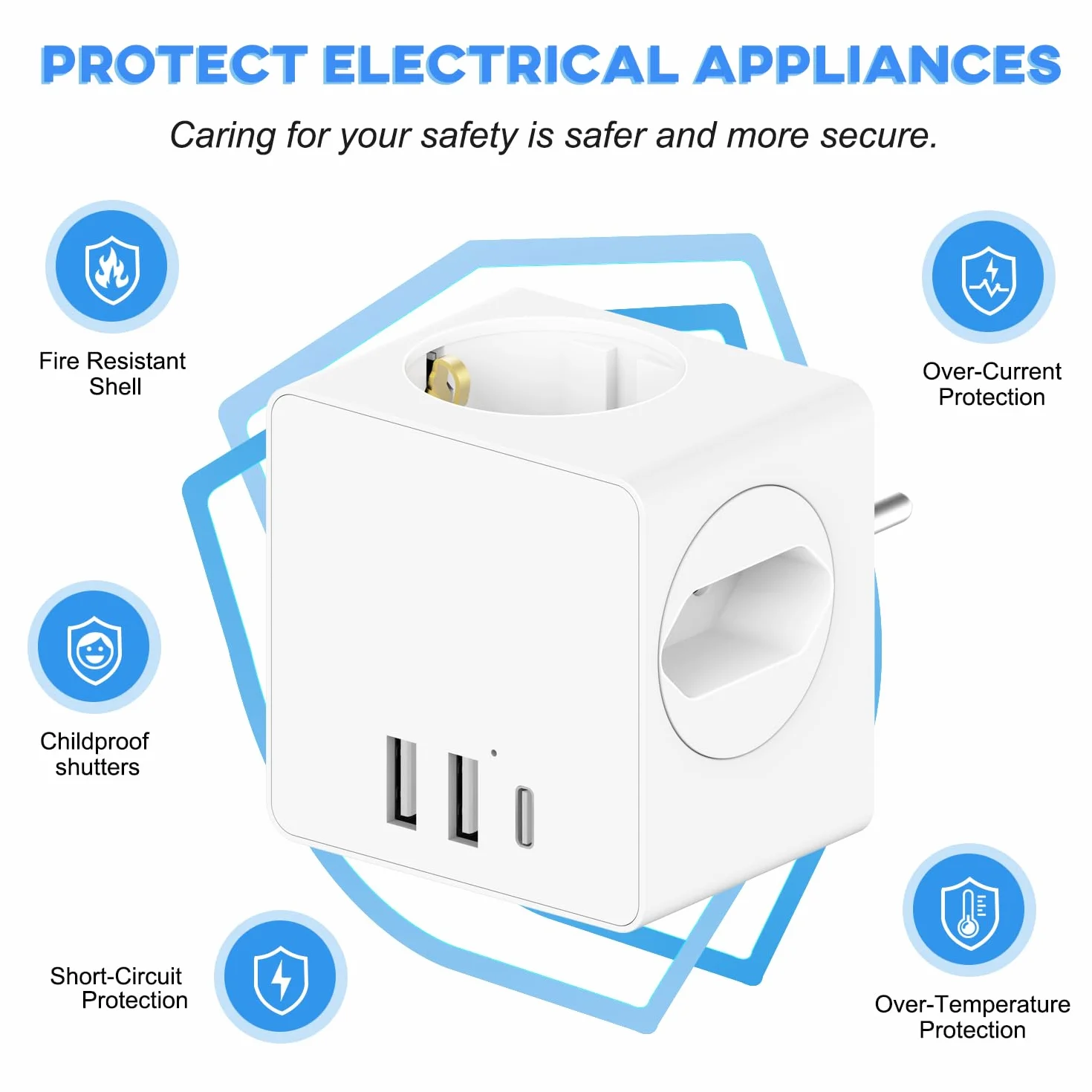 Kostka do gniazdka, podwójna wtyczka do gniazdka, adapter z 2 USB A i 1 USB C 6 w 1, gniazdo wielokrotne USB 3680 W, kolor biały