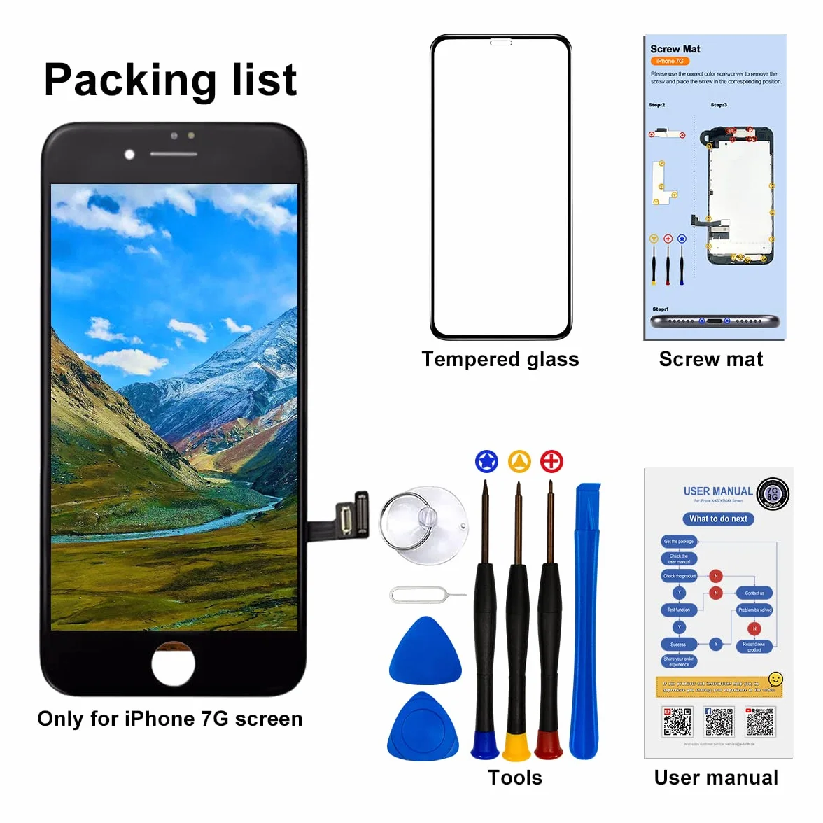 1 szt. do iPhone 7 4,7 cala zamiennik ekranu, czarny, ekran dotykowy LCD, kompletny wyświetlacz, z wodoodpornym klejem ze szkła hartowanego i zestawem narzędzi naprawczych (czarny, dla iPhone 7 (A1660, A1778, A1779))