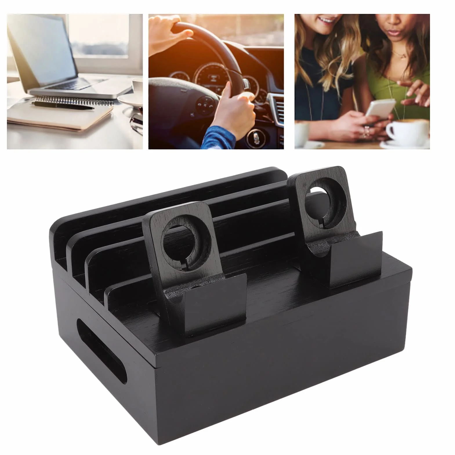 Bambusowa Stacja ładująca, Drewniana Stacja ładująca do Wielu urządzeń z 5 Portami ładowarki USB, do Telefonów Tablety Zegarki Elektronika (Czarny)