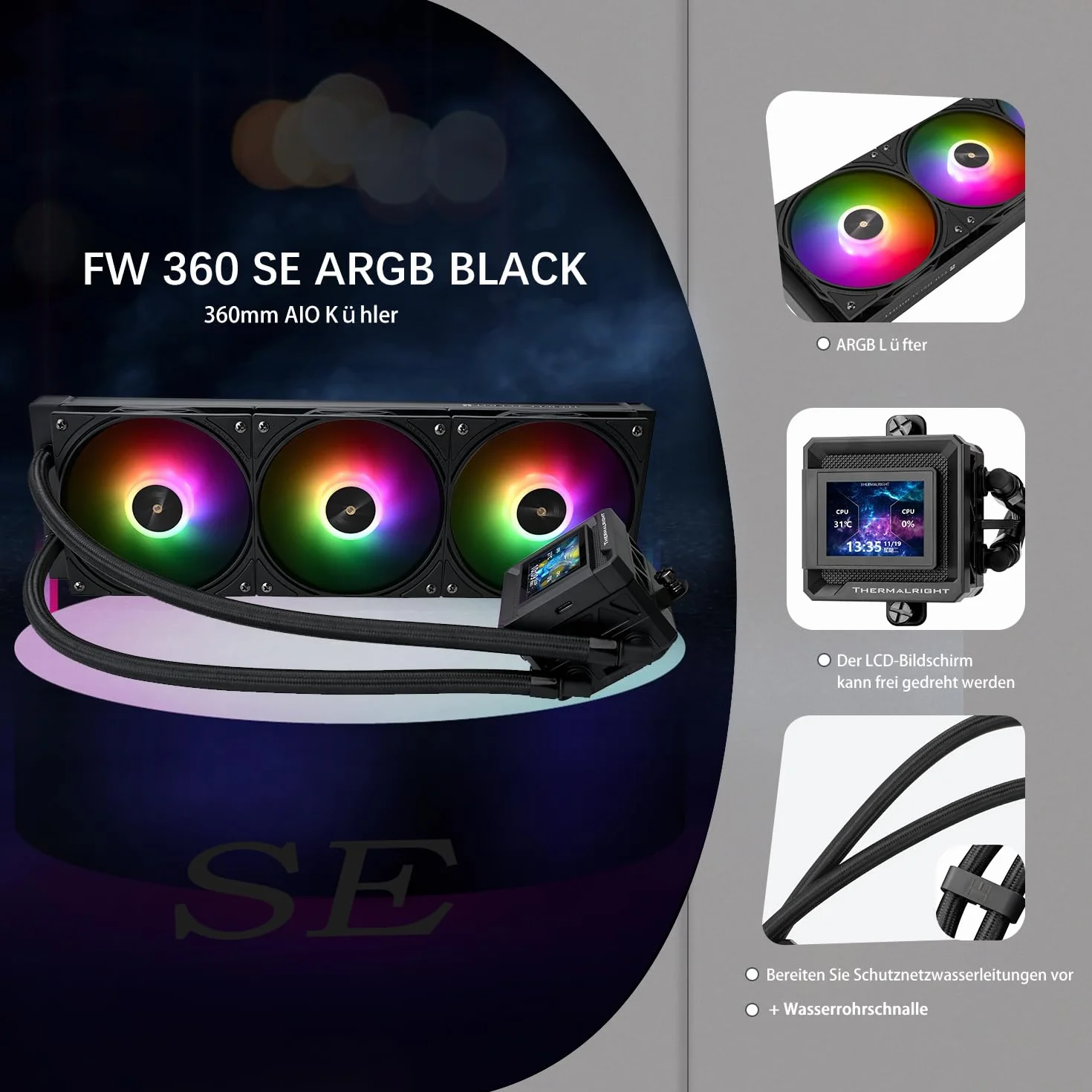 TR-Thermalright FW360 SE Black ARGB Liquid CPU chłodnica, 2-calowy ekran IPS LCD o rozdzielczości 320 x 240, magnetyczny motyw ekranu DIY, do AM4/AM5, LGA1851/1700/115x