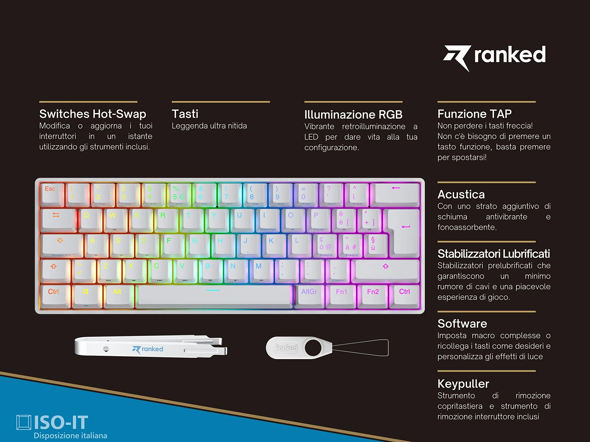 Ranked N60 Nova 60%| Mechaniczna Klawiatura do Gier | 62 Klawiszy Podświetlenia RGB | PC/MAC Gamer | Układ włoski QWERTY ISO IT (Bialy, Gateron Brown)