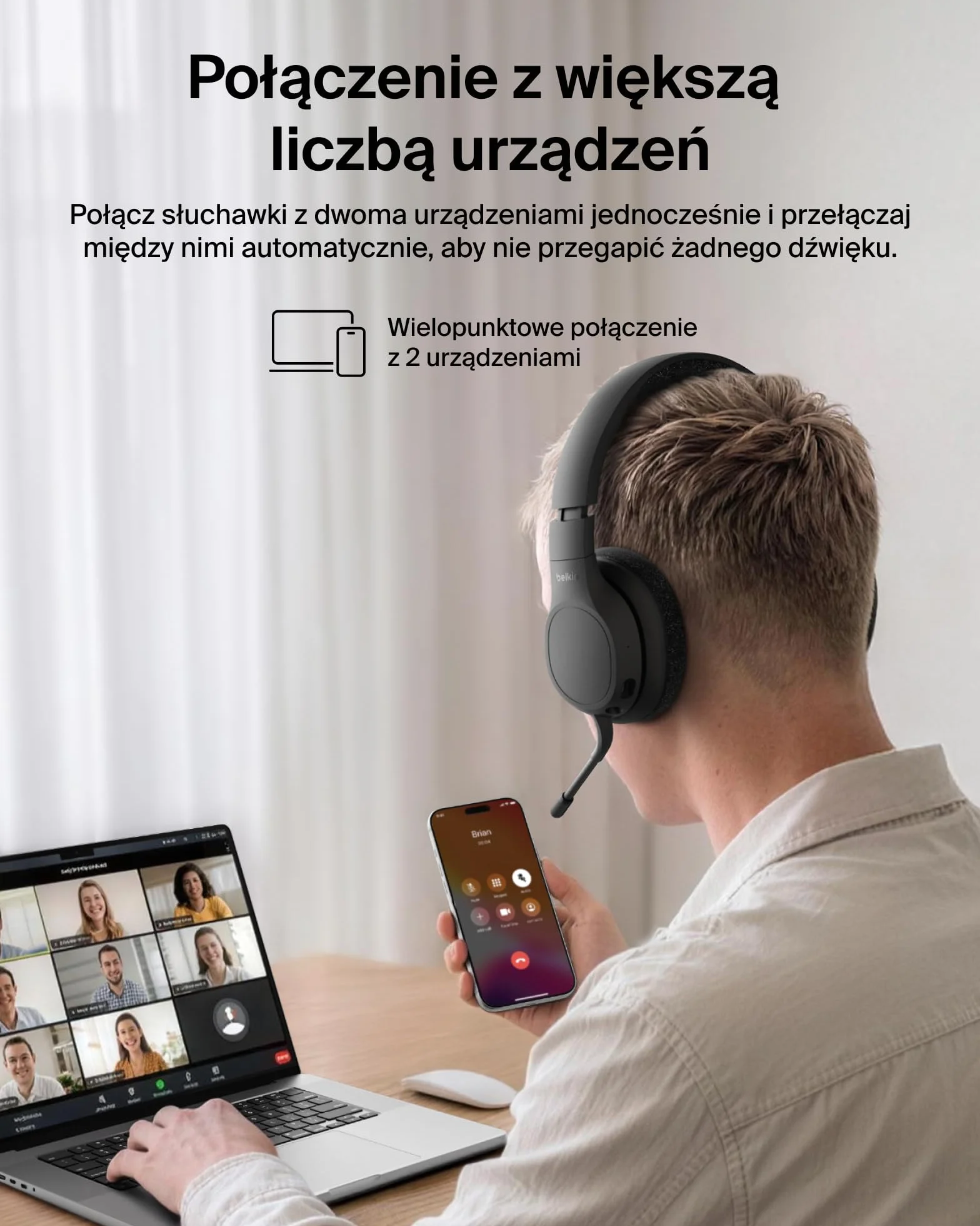 Belkin SoundForm Adapt Bezprzewodowe Słuchawki Nauszne, Mikrofon – Czarne