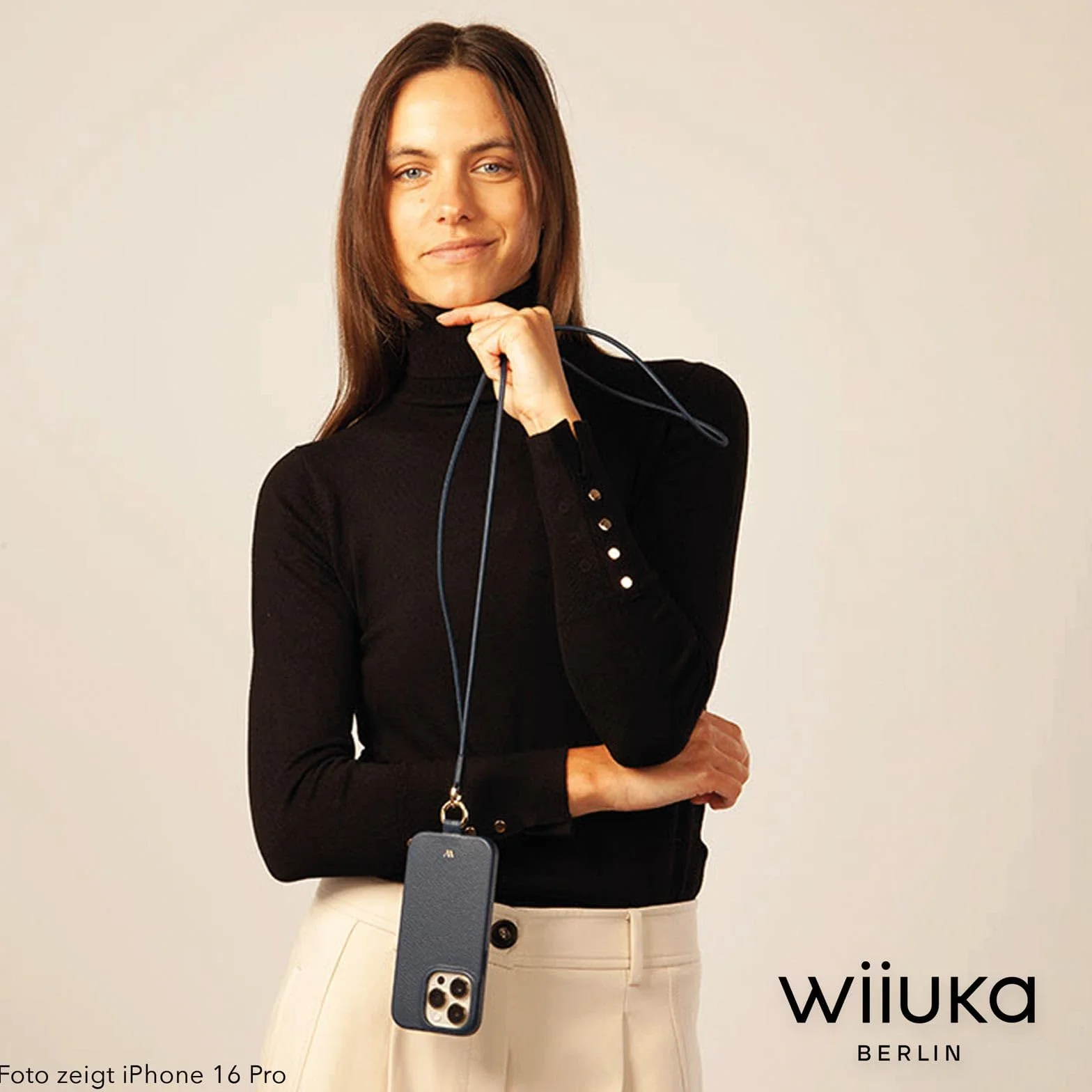 WIIUKA Etui do iPhone 17, skórzane etui z Niemiec, skórzane etui na telefon komórkowy, wysokiej jakości etui na telefon komórkowy, etui, łańcuszek, pętla narciarska, ciemnoniebieskie niebieskie