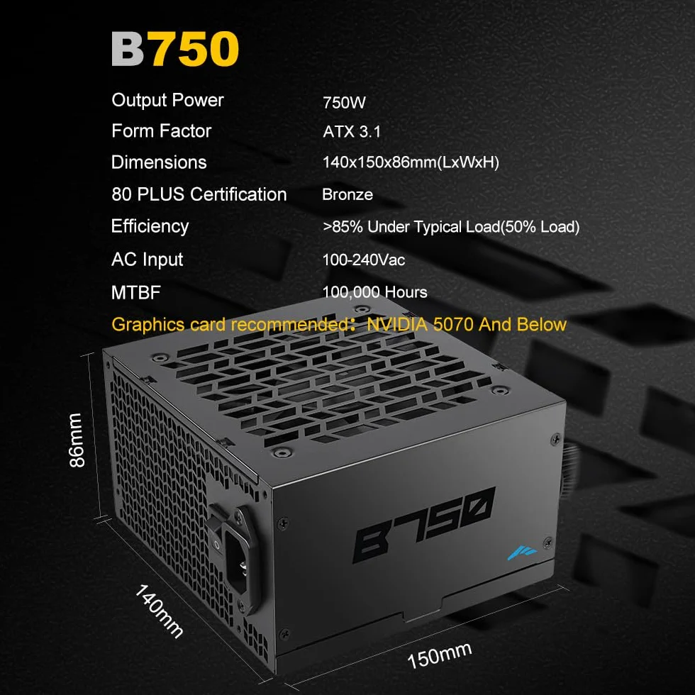 Zasilacz SAMA B750 750W Bronze, ATX 3.1, PCIe 5.1, 12V-2x6, niemodularny | Zasilacz ATX z certyfikatem Cybenetics, cichy wentylator 120 mm, 3-letnia gwarancja