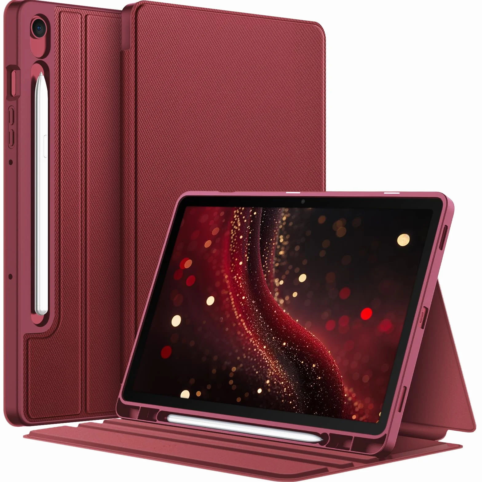 FINTIE Etui do Samsung Galaxy Tab S10 Lite/ S10 FE 2025/ S9 FE 10,9 cala / S9 11 cali z uchwytem na długopis S, smukły stojak pod wieloma kątami z miękką tylną obudową TPU, wino