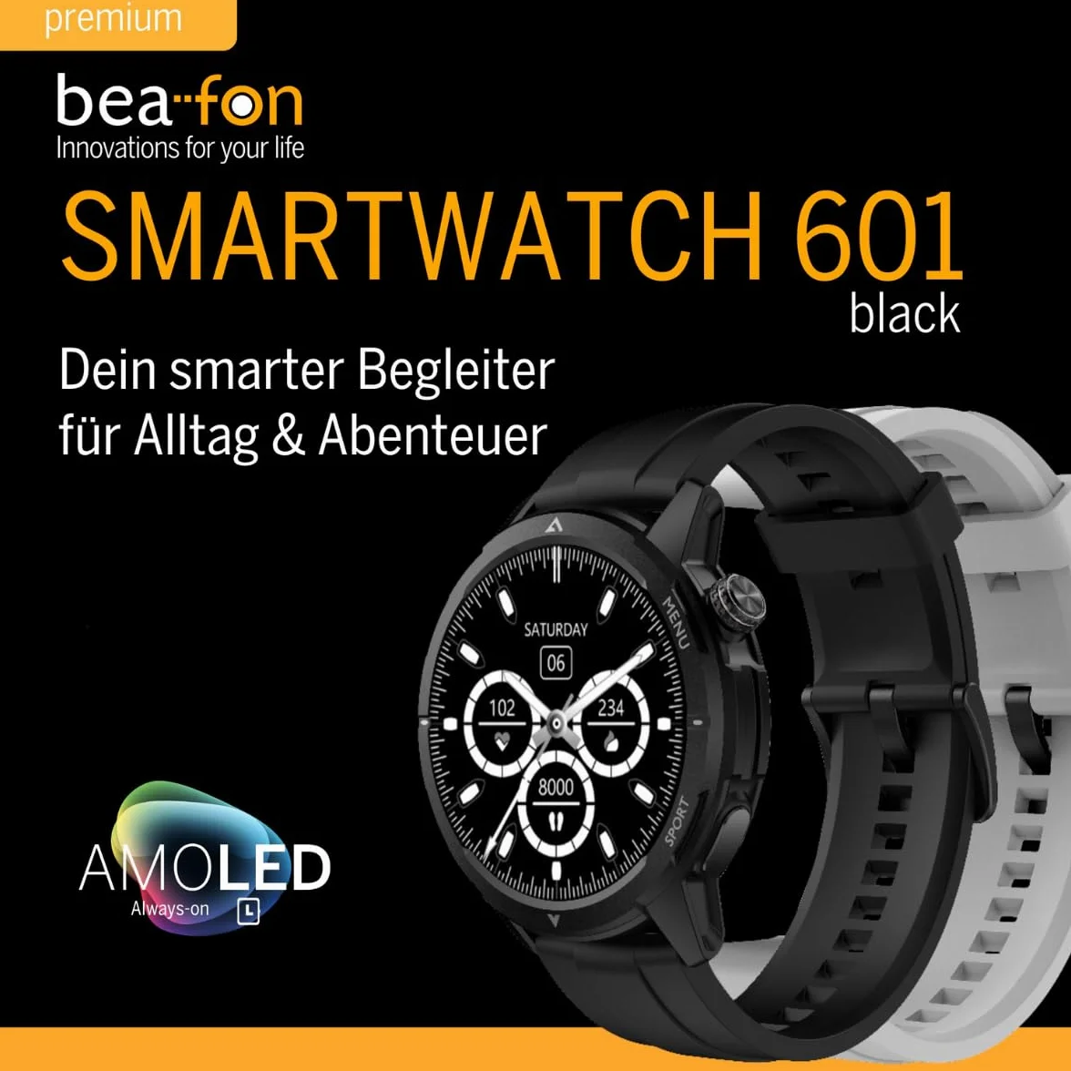 Beafon, Smartwatch 601, zegarek na rękę, wyświetlacz AMOLED 3,63 cm, szkło panda, kompas, wysokościomierz, IP68, 5ATM, tryb sportowy, tętno, tlen we krwi, krokomierz, połączenia Bluetooth, GPS,