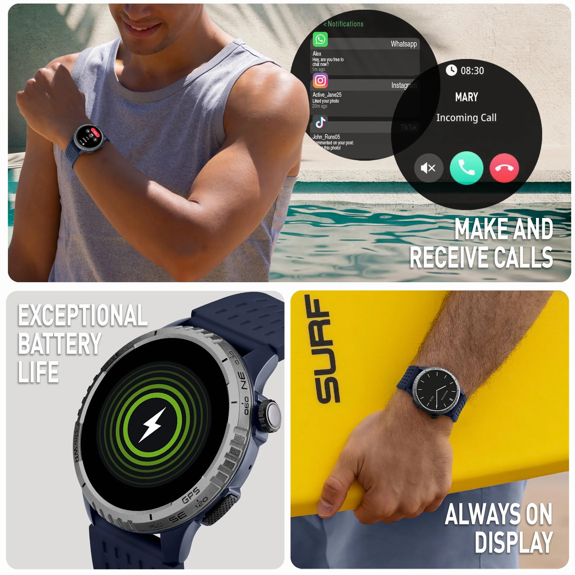 Reflex Active Sea Venture 50 m bezpieczny dla pływania AMOLED GPS niebieski pasek smartwatch