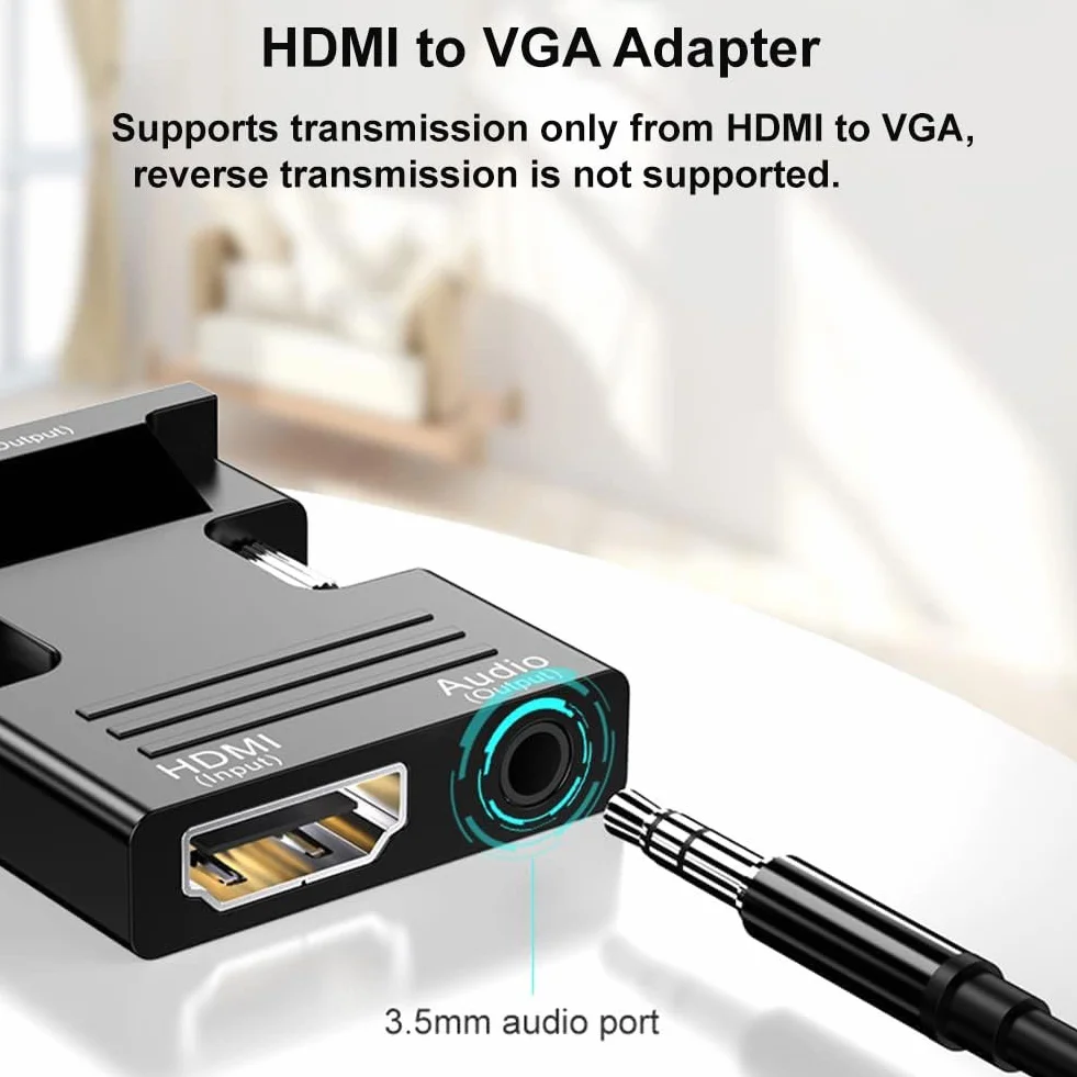 Adapter HDMI do VGA z kablem audio 3,5 mm, konwerter 1080P 60Hz VGA na HDMI, adapter HDMI żeński na VGA męski, kompatybilny z laptopem (VGA) i projektorem TV (HDMI)
