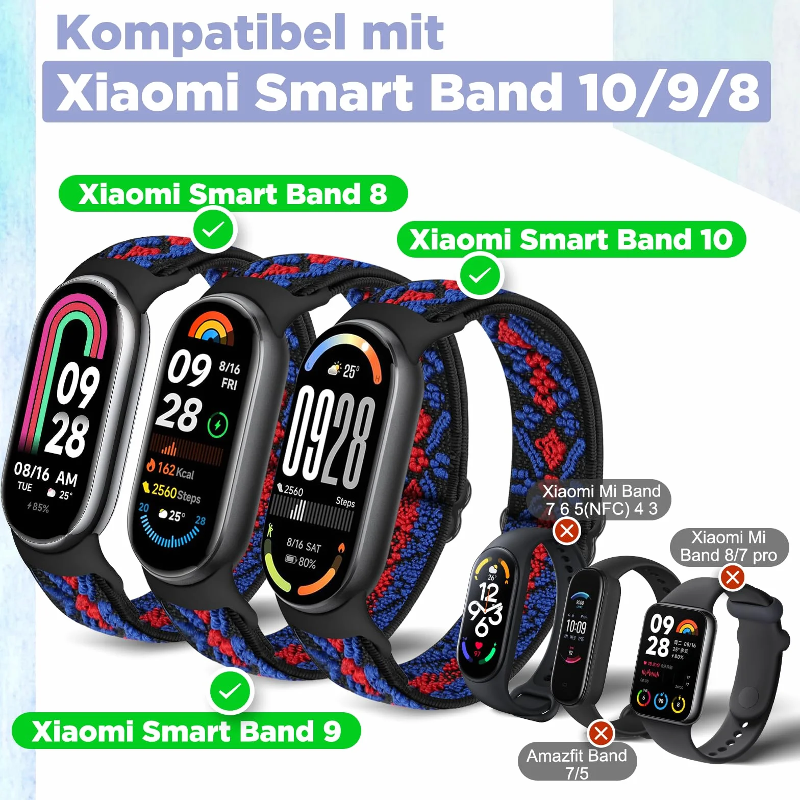 Bcuckood Elastyczna bransoletka kompatybilna z Xiaomi Smart Band 9 / Xiaomi Smart Band 8, dla kobiet i mężczyzn, rozciągliwa, elastyczna nylonowa bransoletka zamienna do Xiaomi Mi 9/8, 3 sztuki