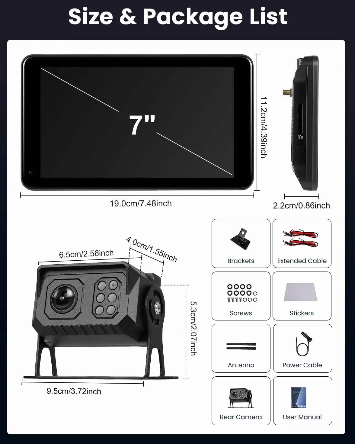Roinvou Bezprzewodowa kamera cofania z monitorem 7 cali HD 1080P, pomoc w parkowaniu z BSD, IP68, noktowizor, do ciężarówki, narzędzia, kampera, przyczepy, samochodu, 12V-24V