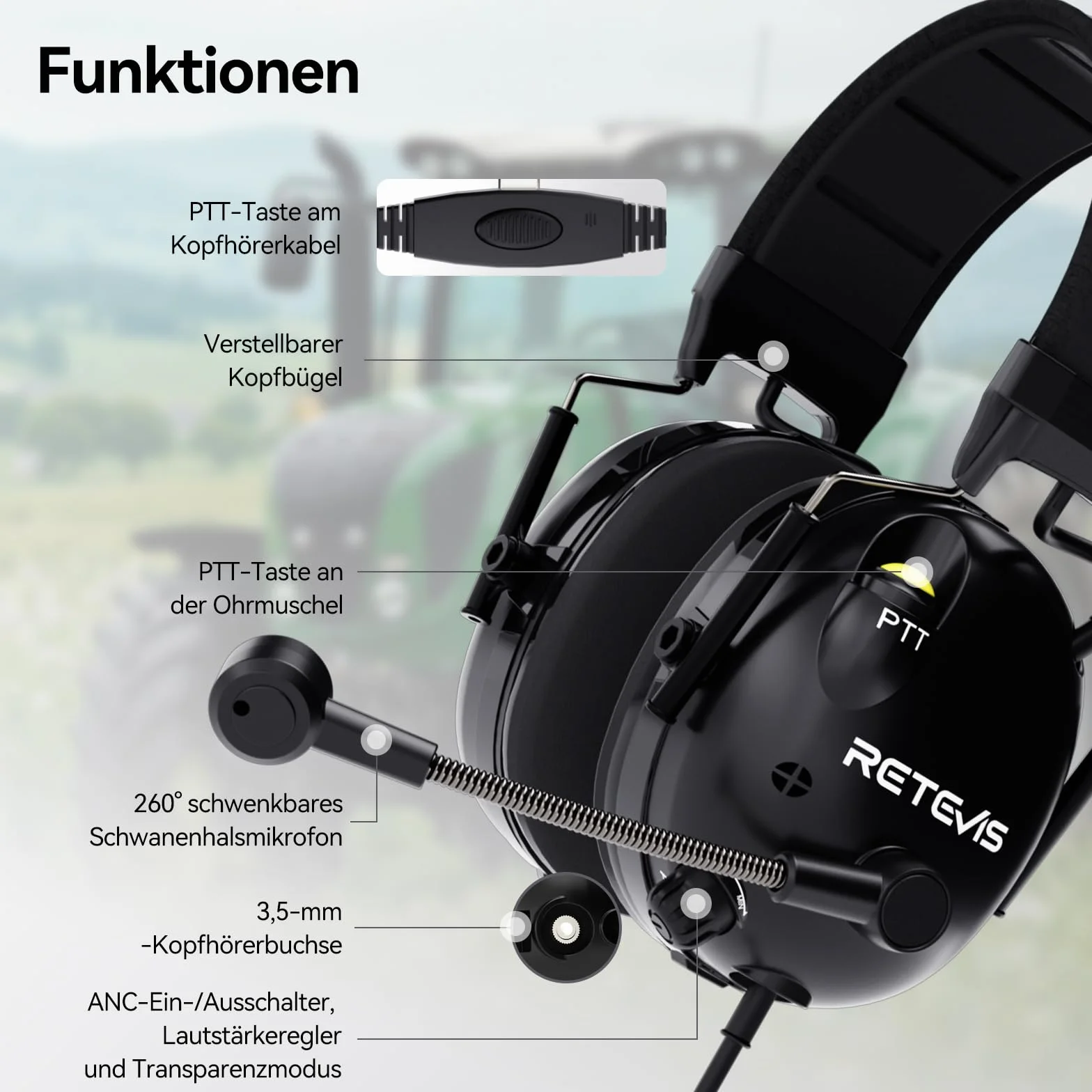 Retevis EHK015 Walkie Talkie Headset, ANC Overhead Radio Headphones, składany podwójny PTT Przyciski Obrotowy Mikrofon Kenwood 2-Pin, kompatybilny z Baofeng UV5R Retevis RT24 RT27 RT668 RT86(1 szt)