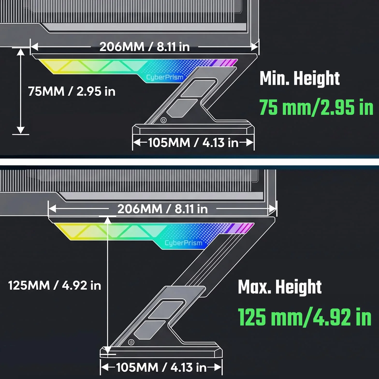 ARGB Wspornik GPU, 75-125mm Uchwyt Karty Graficznej | Anti-sag dla GPU triple-slot, aluminiowa kolumna, magnetyczna podstawa, ARGB 5V 3-pin, kompatybilny z RTX 4090/5090