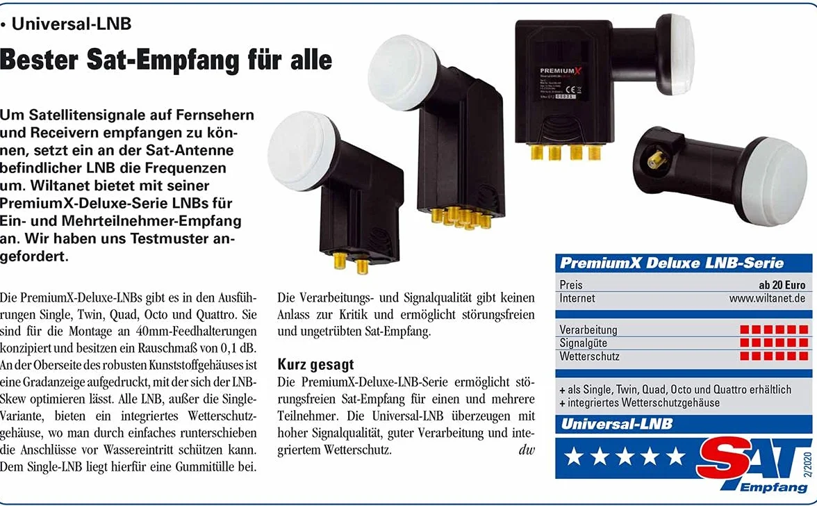 PremiumX Deluxe Single LNB - konwerter sygnału satelitarnego dla 1 użytkownika w jakości HD, UHD i 4K z DVB-S2 i oscylatorem referencyjnym PLL