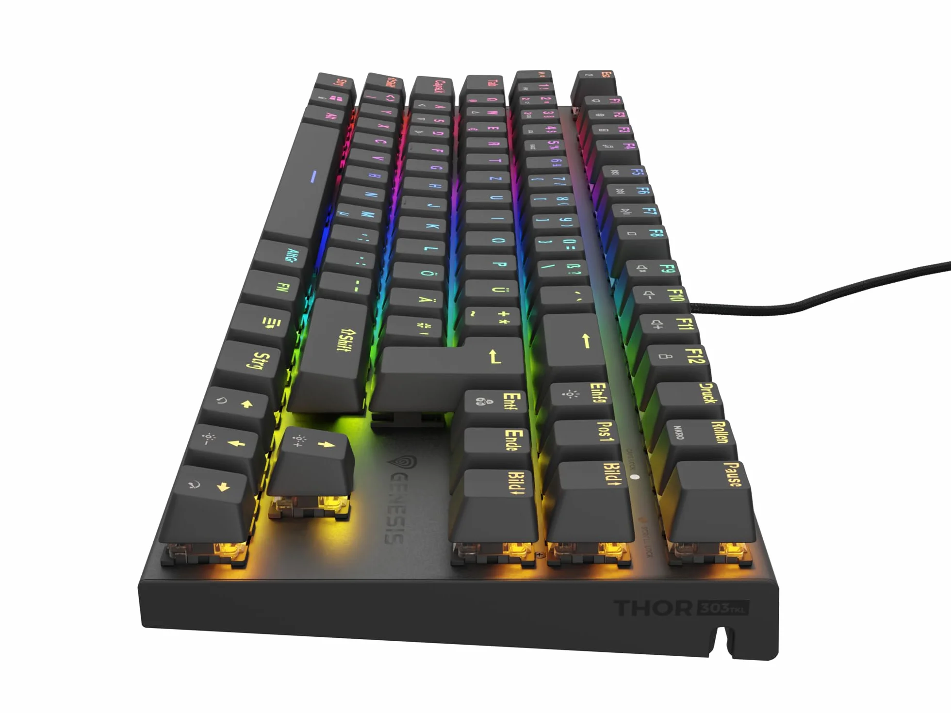 Genesis Thor 303 TKL mechaniczna klawiatura gamingowa QWERTZ, Brown Switch Gaming Keyboard 80%, Outemu Brown, Hot-Swap, oświetlenie RGB, 88 przycisków, Anti-Ghosting, USB-A, czarna