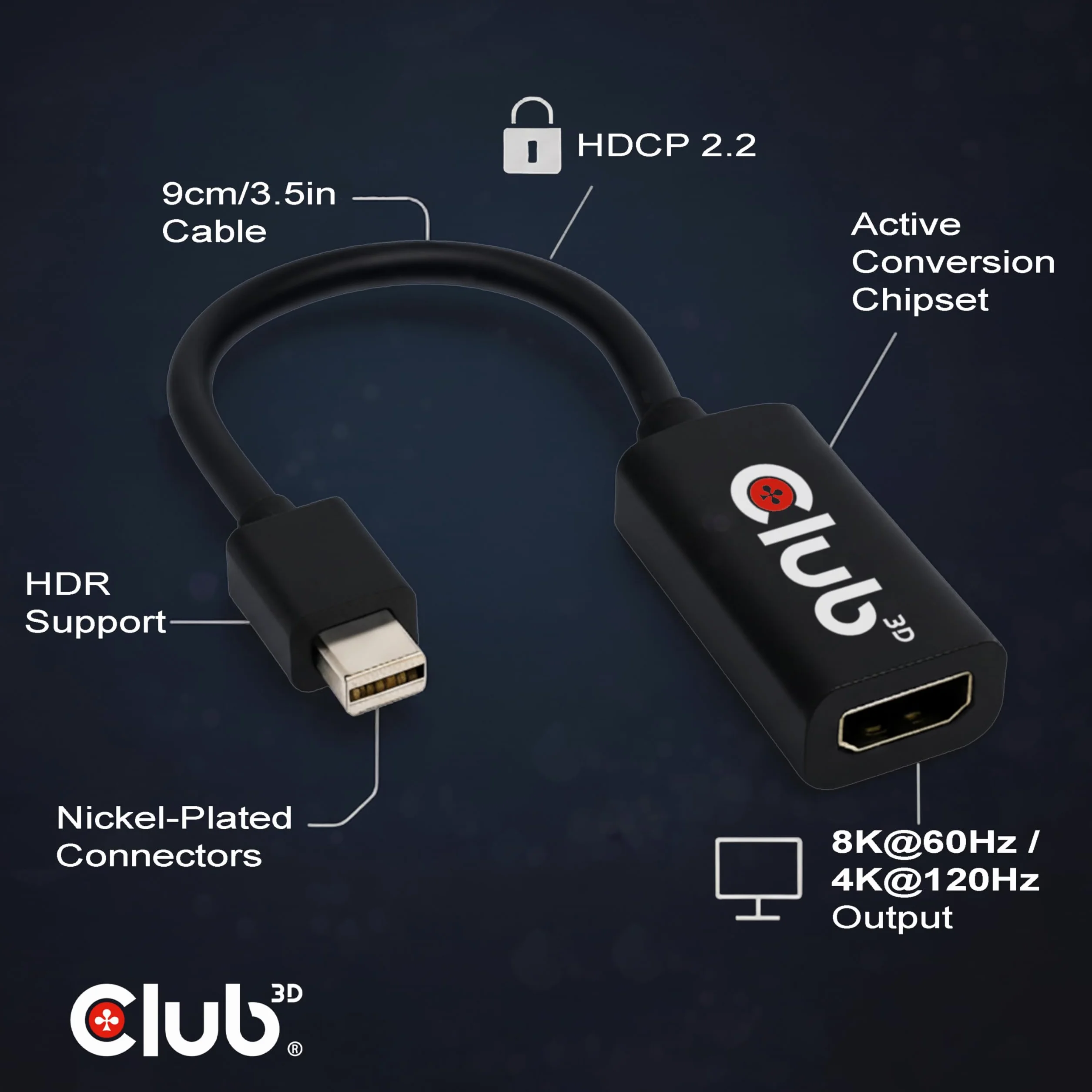 Club 3D CAC-1188 Mini DisplayPort 1.4 na HDMI 4K 120Hz/8K60Hz HDR Active Adapter M/F