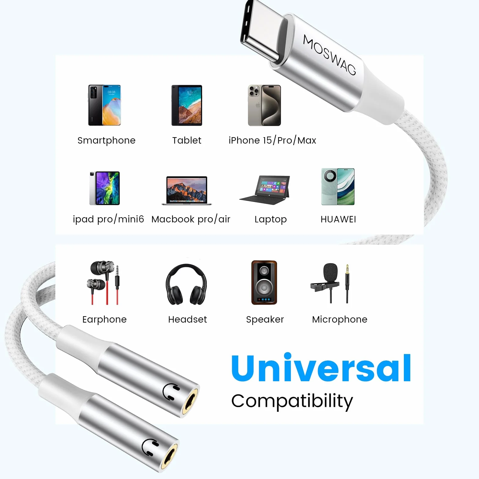 MOSWAG 3,5 mm Typ C do podwójnego gniazda pomocniczego słuchawek, 3,5 mm pomocniczy adapter słuchawek typu C do podwójnego gniazda kompatybilny z Pixel 7 6 Pro 5, Galaxy S23 S22 S21