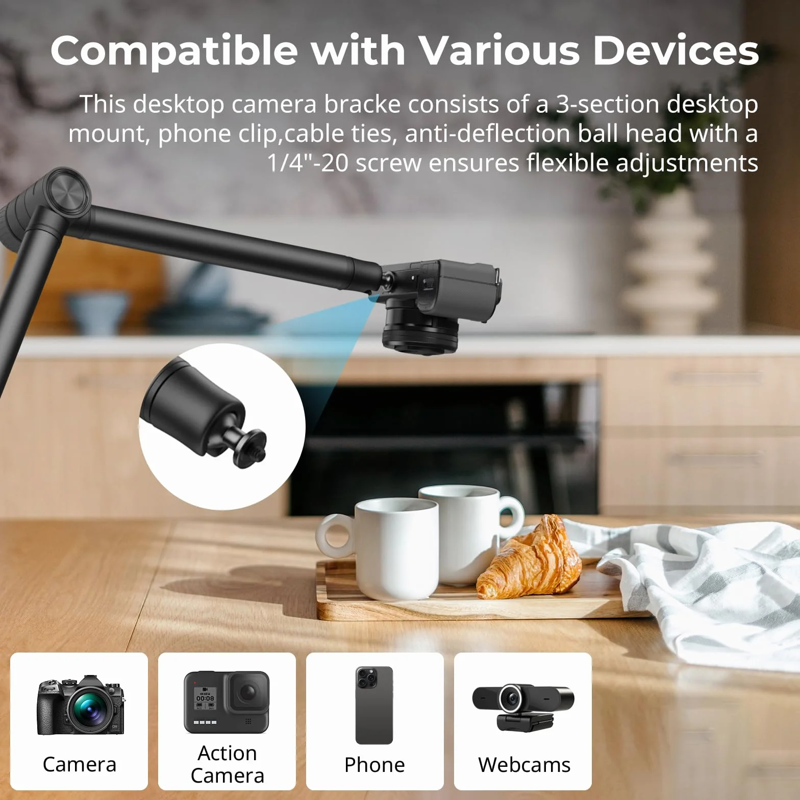 SMALLRIG Overhead 3-Section Desktop Camera Bracket, Tłumiący Uchwyt na Biurko z Głowicą Kulową Obracaną o 360°, Zacisk Stołowy C, Maksymalne Obciążenie do 4,4 Funta / 2kg do Fotografii - 4324
