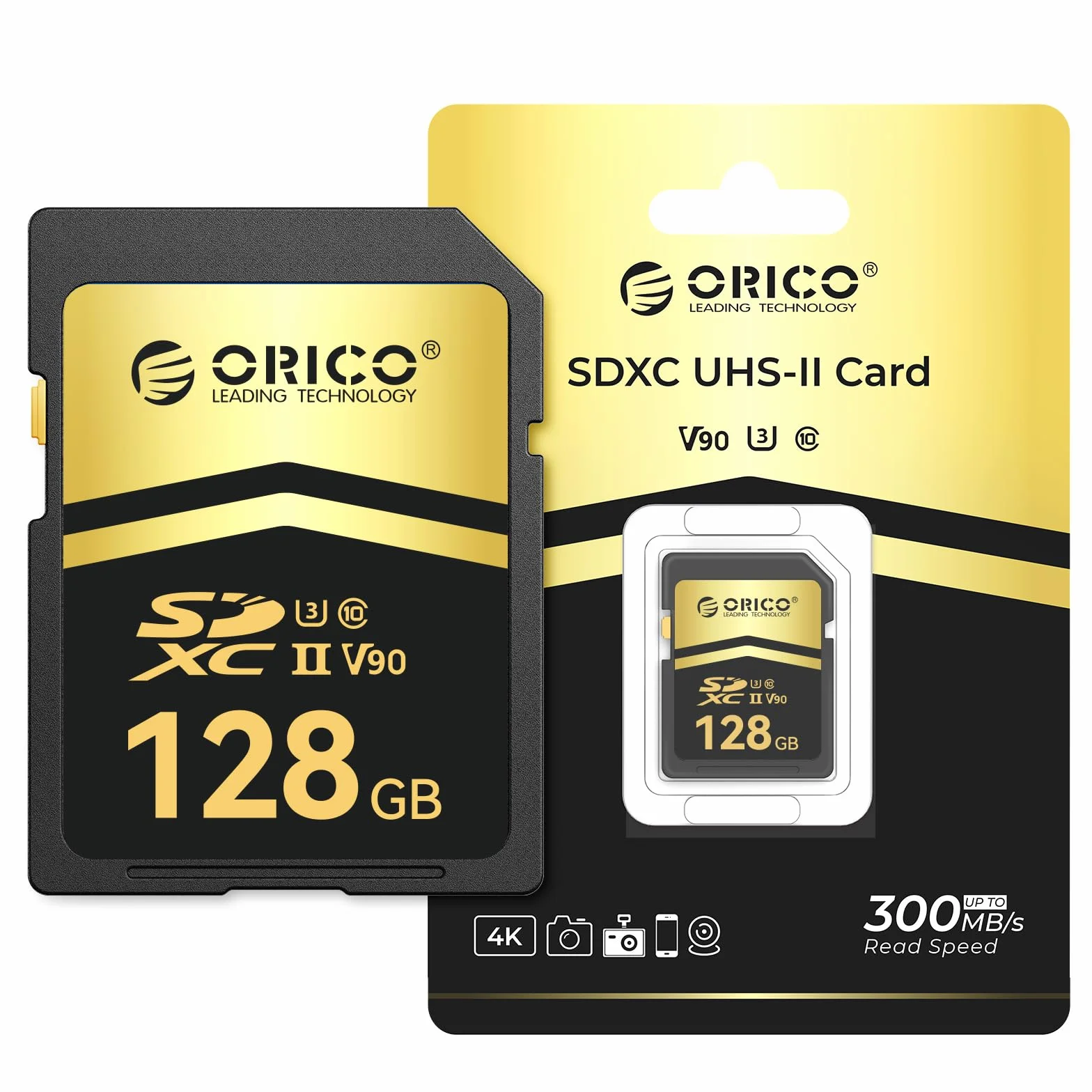 ORICO Karta SD 128 GB, UHS-II, C10, U3, V90, 8K UHD, 4K UHD, Full HD, prędkość odczytu do 300 MB/s, karta pamięci SDXC dla profesjonalnych fotografów i profesjonalnych kamer wideo – SD90