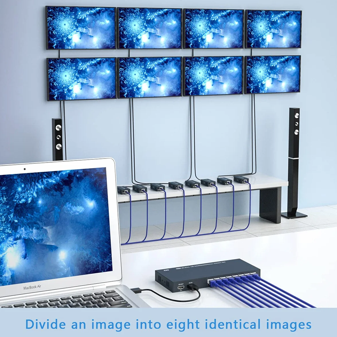 PW-DT2108 HDMI Extender Splitter 8 portów 150 m Cat5e/Cat6/Cat7 obsługa kabla 1080p @60Hz rozdzielczość Loop Out