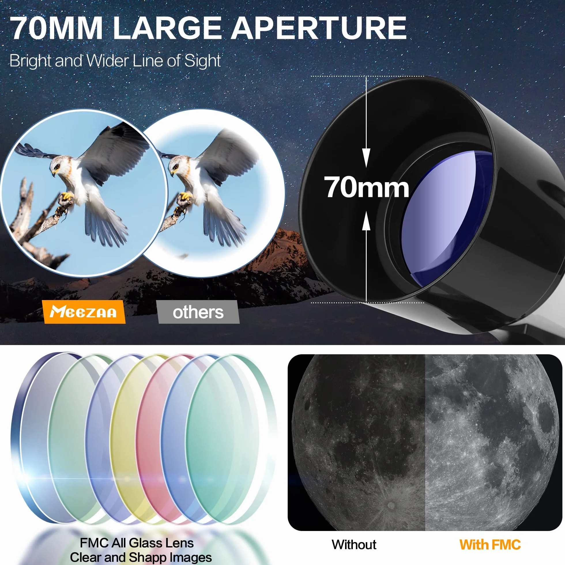 MEEZAA Teleskop dla dorosłych, otwór 70 mm i ogniskowa 400 mm, profesjonalny teleskop astronomiczny dla dzieci i początkujących, z statywem z stali nierdzewnej i adapterem do smartfona