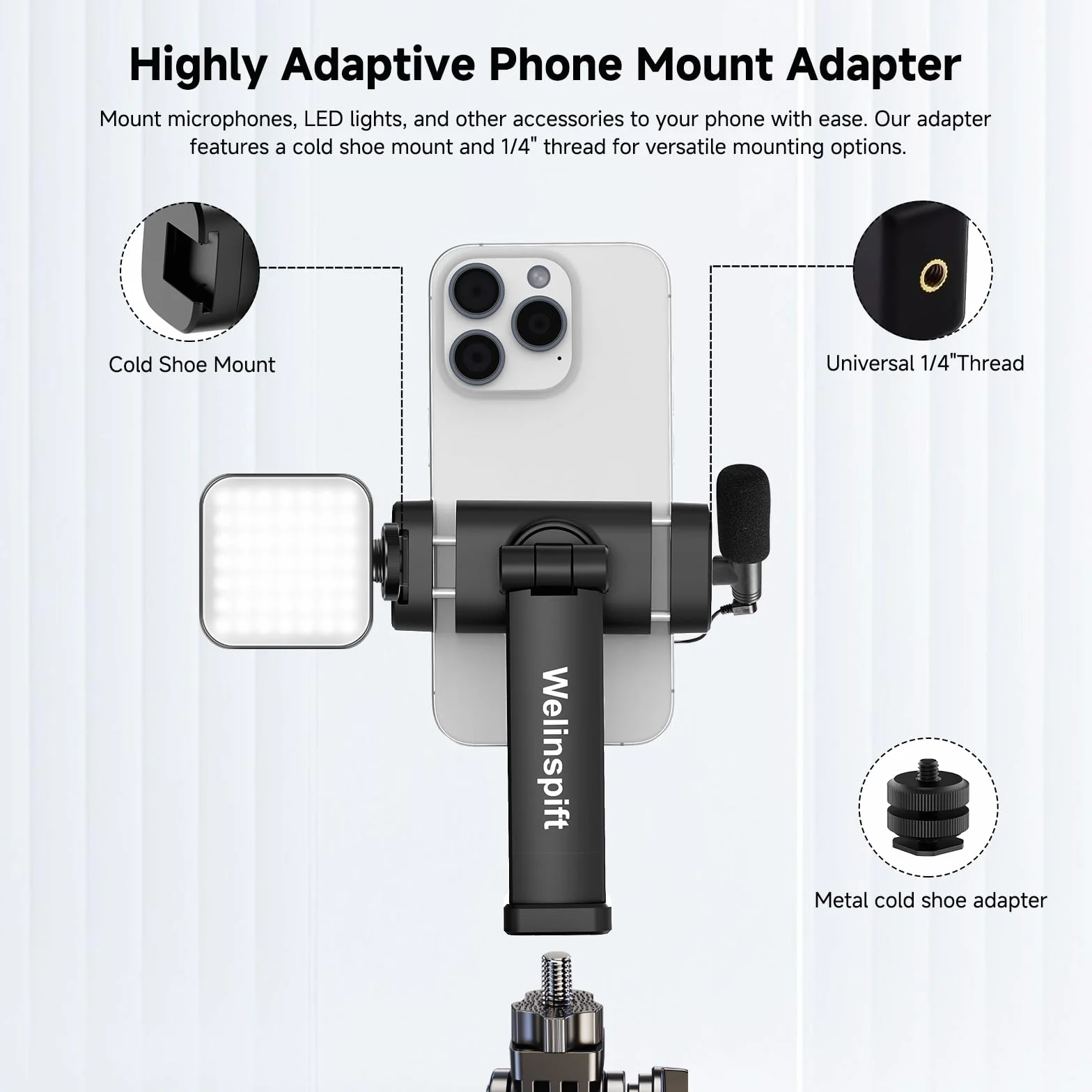 Obrotowy o 360° uchwyt na statyw do telefonu z podwójnym zaciskiem sprężynowym, zimna stopka i śruba 1/10.2 cm, lekki, uniwersalny klips na telefon do iPhone'a, Samsunga, statywów, nachylenie 180°