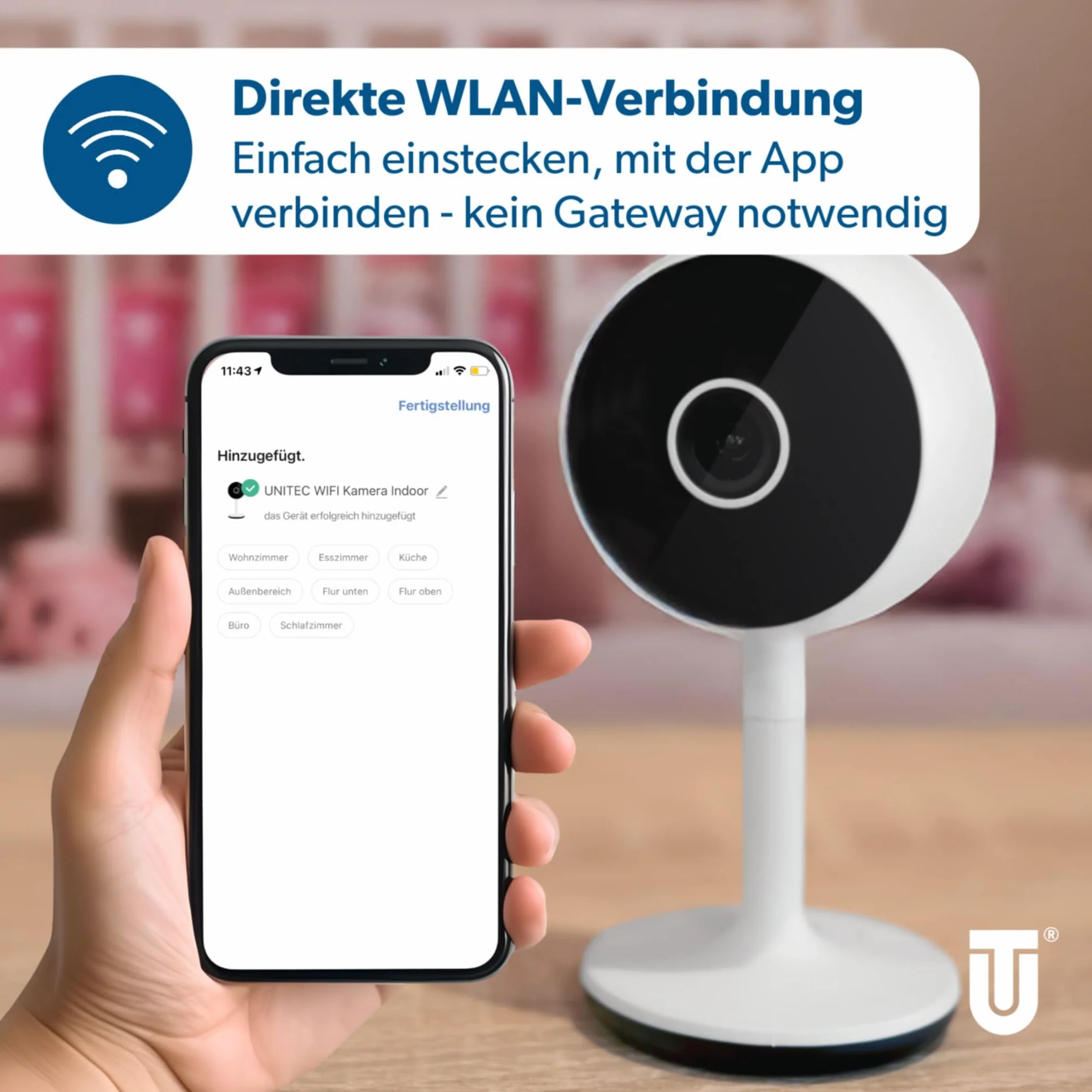 UNITEC Inteligentna kamera monitoringowa WiFi Full HD, wykrywanie ruchu i hałasu, funkcja noktowizora, 1 sztuka (1 opakowanie)
