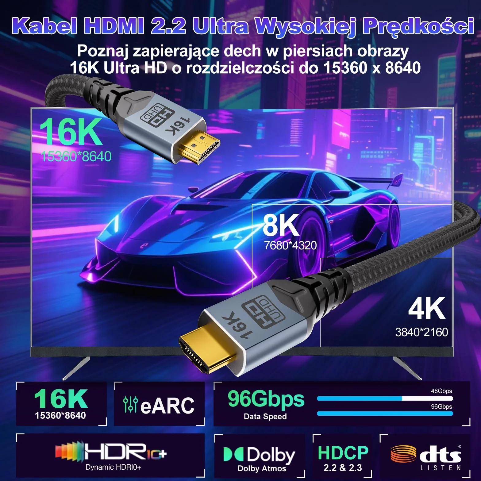 Przewód HDMI 2.2 16K 2m Prawdziwe UHD HDR,Ultra Wysoka Prędkość 96 Gbps,obsługa 16K@60Hz,8K@240Hz,4K@480Hz, zgodny z HDCP,przewód 3D HDMI dla konsoli PS4,HDTV PS5,Gaming PC (3m+3m)