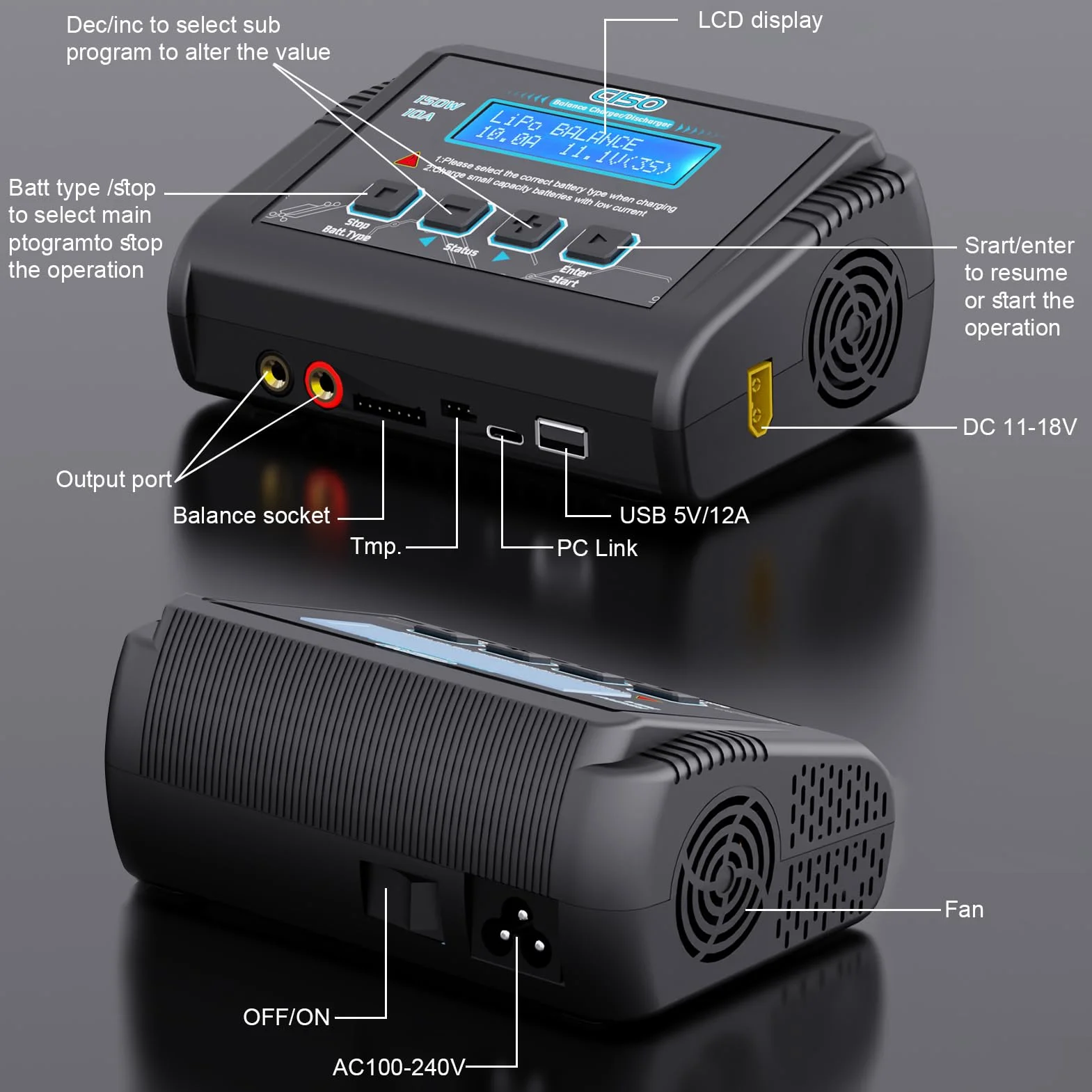 Haisito Ładowarka balansowa High Power 150 W 10 A AC/DC, wielofunkcyjna ładowarka do LiPo NiCd Li-Ion Li-Fe NiMH LiHV PB Smart
