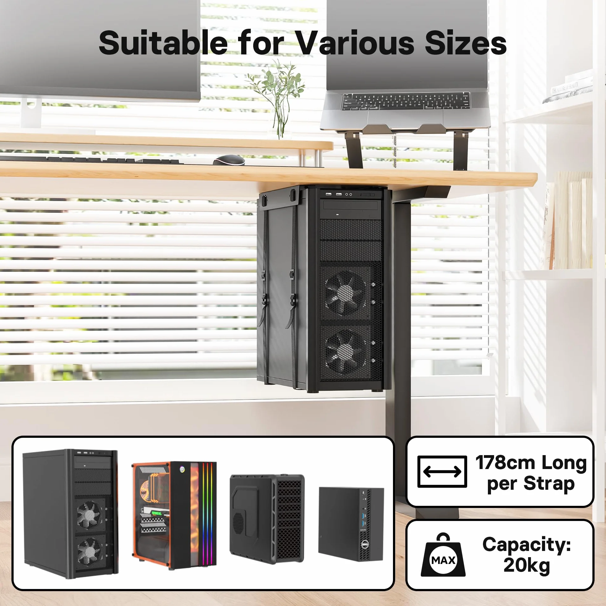 BONTEC Regulowany Montaż PC pod Biurkiem, Uchwyt Komputerowy na CPU, Antykorozyjny Stalowy Stelaż z Regulowanymi Paskami 178 cm, Nośność do 20 kg, Oszczędność Miejsca i Lepsza Wentylacja