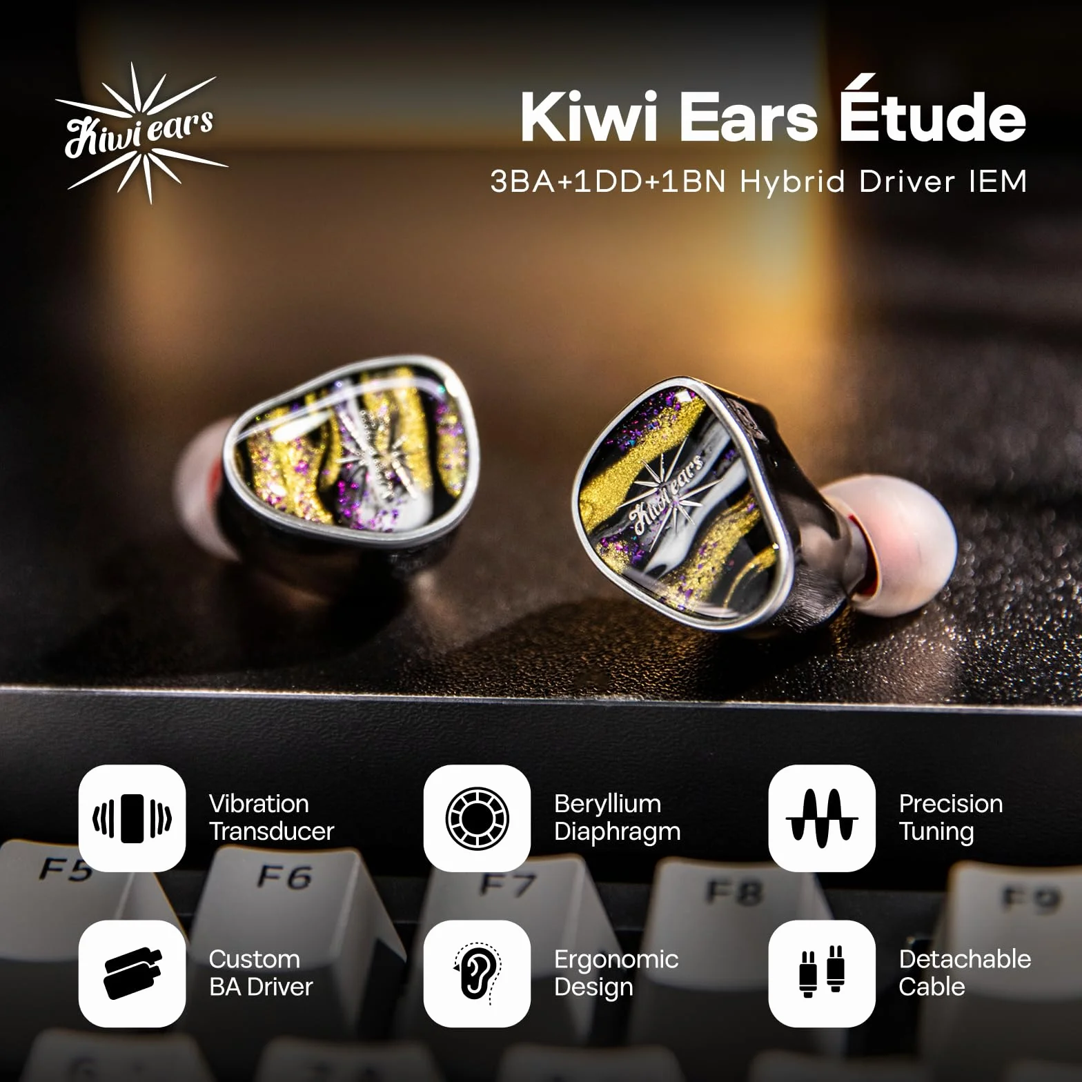 Linsoul Kiwi Ears Étude Monitor douszny, 3BA+1DD+1BN Hybrydowe słuchawki douszne IEM, Słuchawki do gier, HiFi Przewodowe słuchawki stereo z odłączanym 2-pinowym kablem dla audiofilów i muzyków