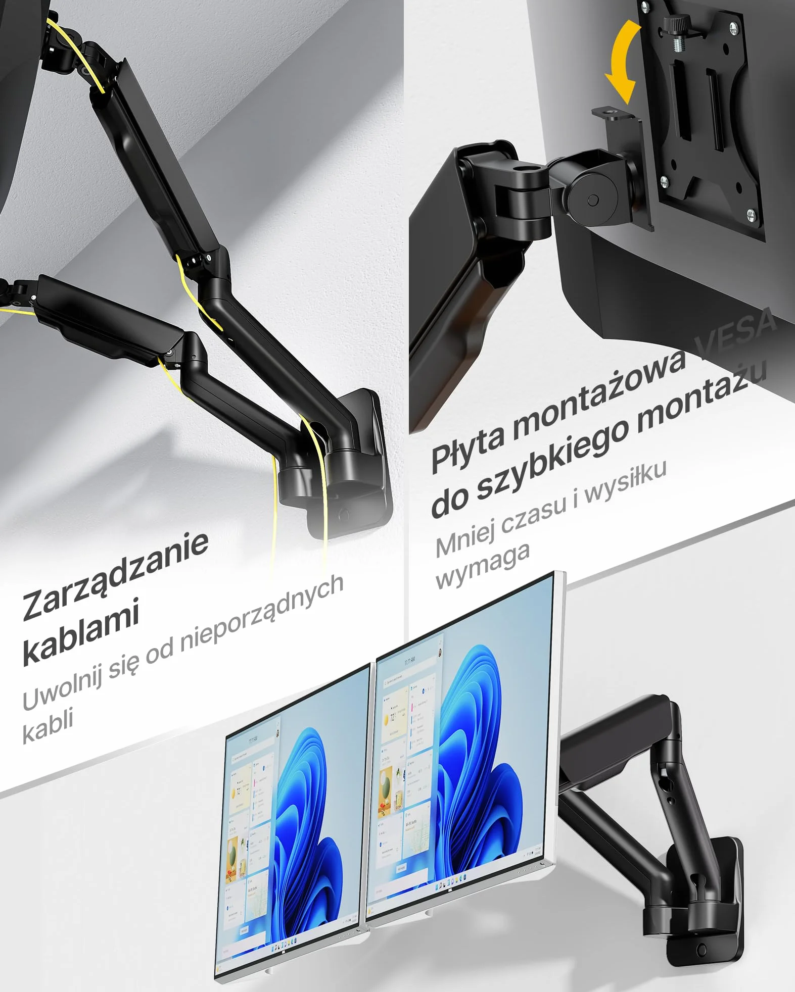 monTEK Podwójny uchwyt ścienny do monitora od 17 do 32 cali, każdy do 9 kg | 75 x 75/100 x 100 VESA uchwyt ścienny, na płaski/zakrzywione ekrany, w pełni ruchomy uchwyt monitora, czarny