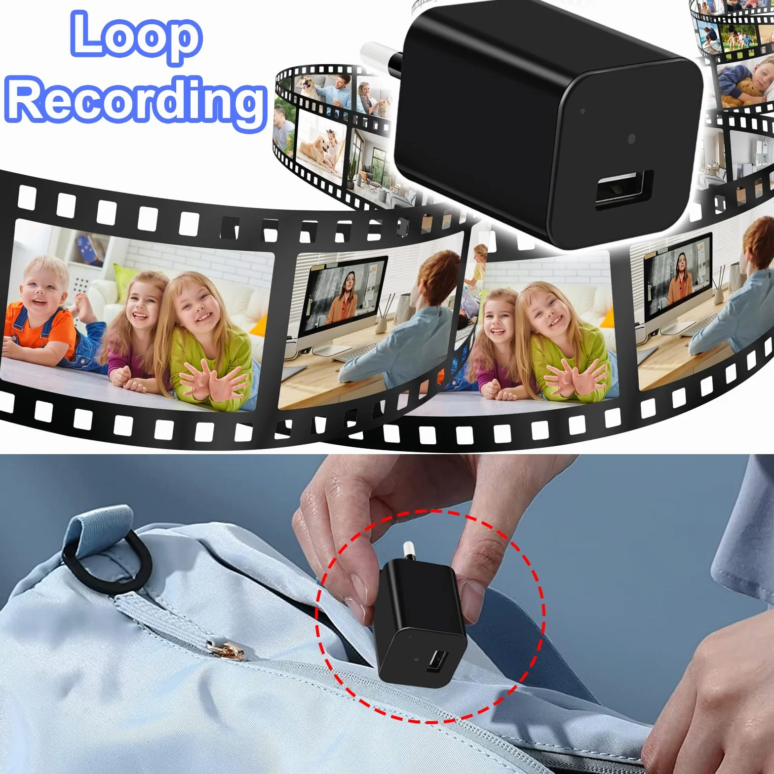 TANGMI Kamera szpiegowska, ładowarka USB / adapter mini ukryta kamera szpiegowska, nagrywanie wideo HD 1080P mikro kamera szpiegowska z wykrywaniem ruchu i nagrywaniem w pętli