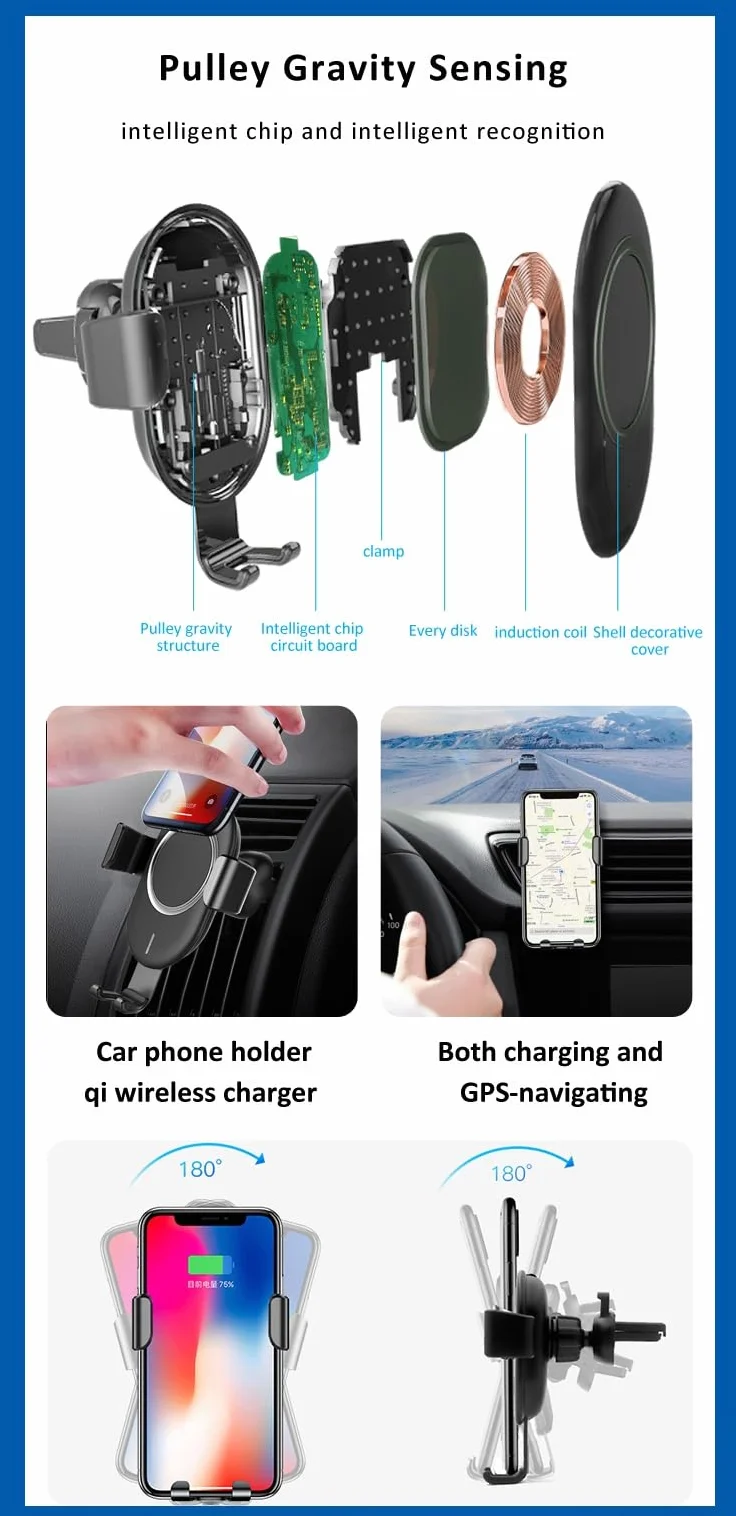 Ładowarka samochodowa bezprzewodowa Qi indukcyjna, do smartfonów, płytka ładująca z czujnikiem, uchwyt na telefon, zacisk wylotu powietrza, podkładka do szybkiego ładowania Bezprzewodowa ładow